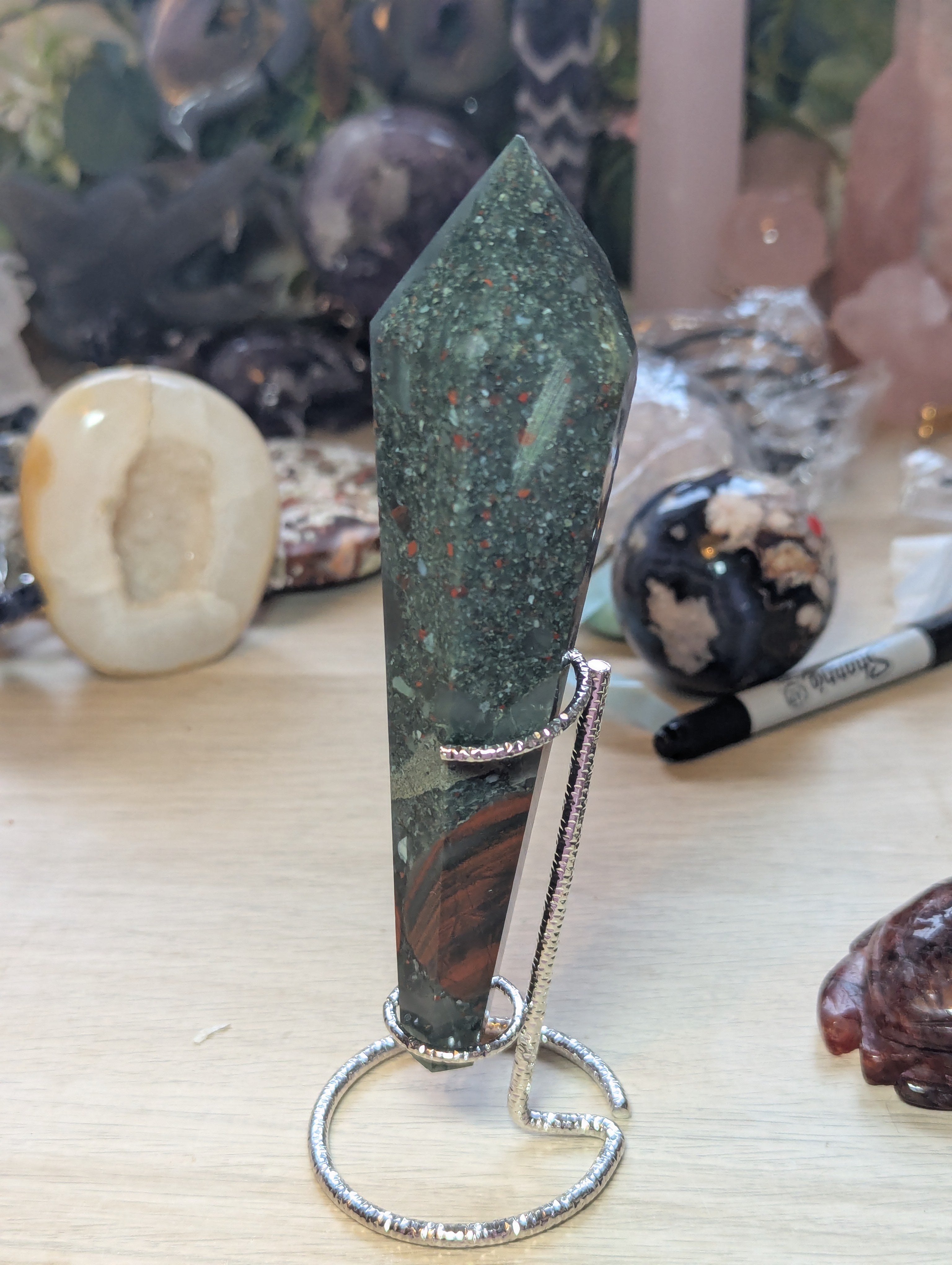 African blood stone crystal wand with stand
