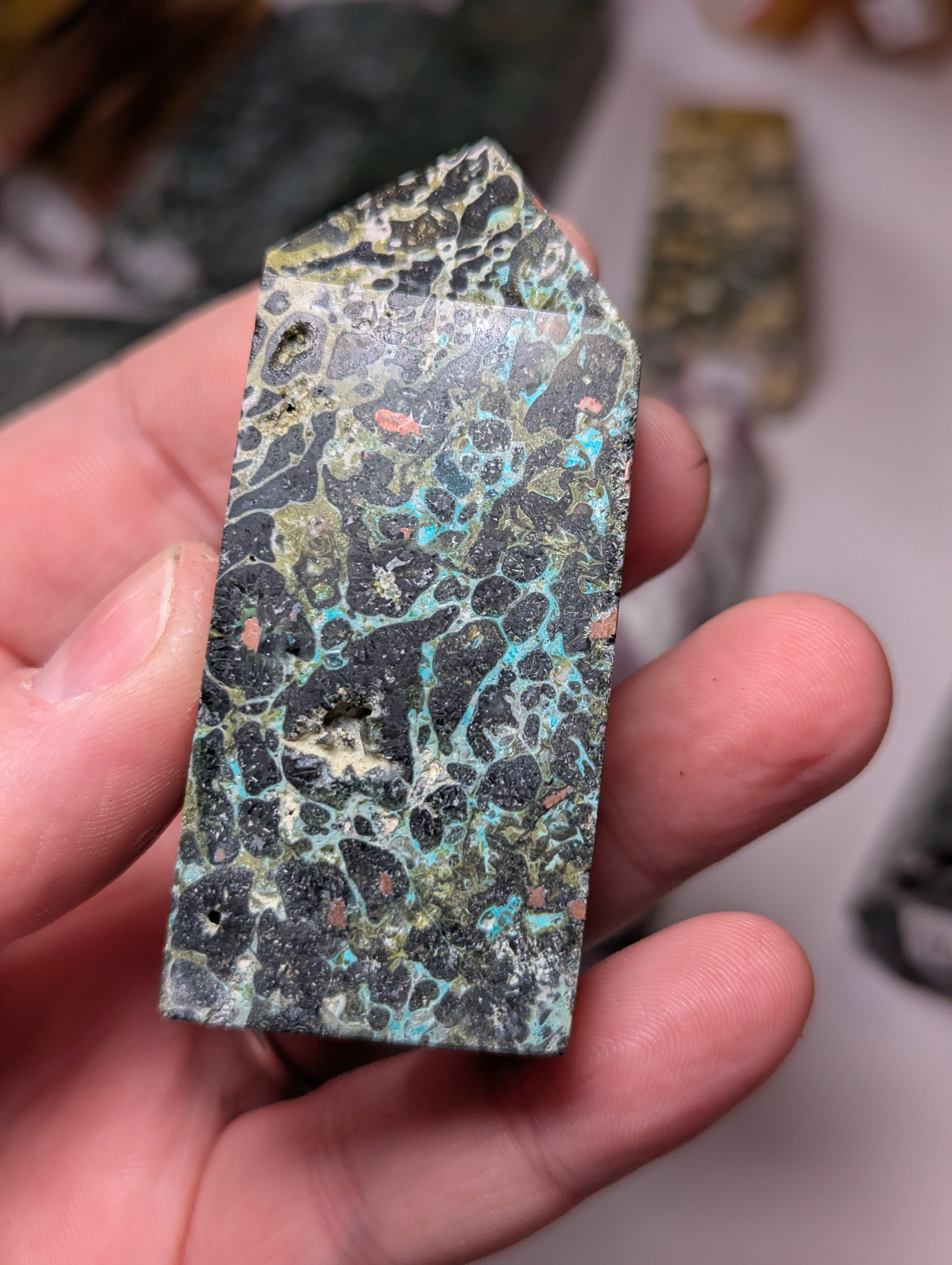 Epidote crystal with copper tower
