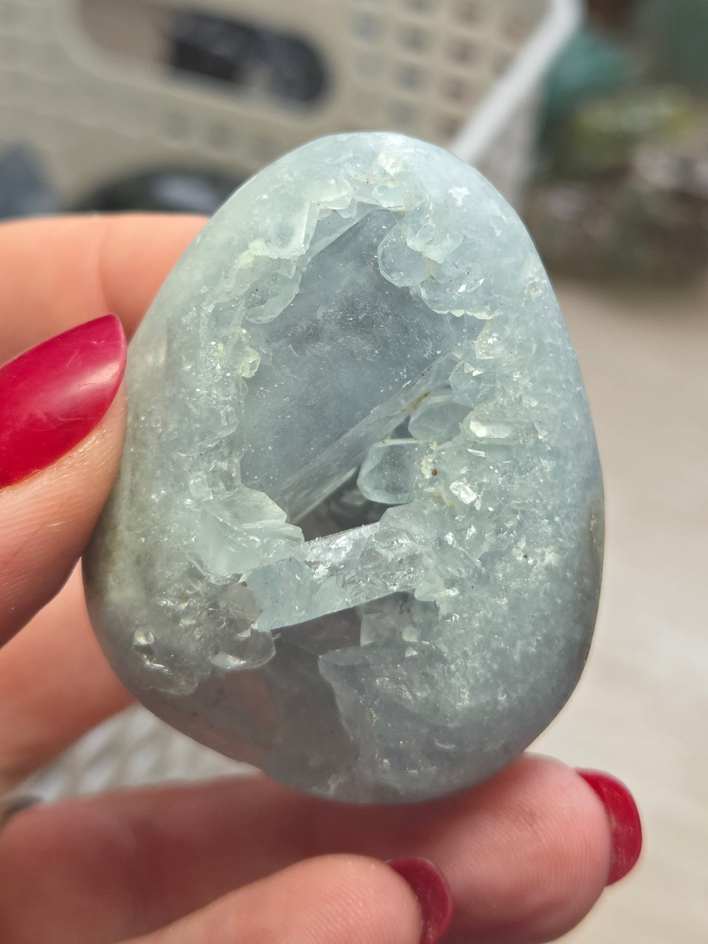 Blue celicite crystal egg carving specimen