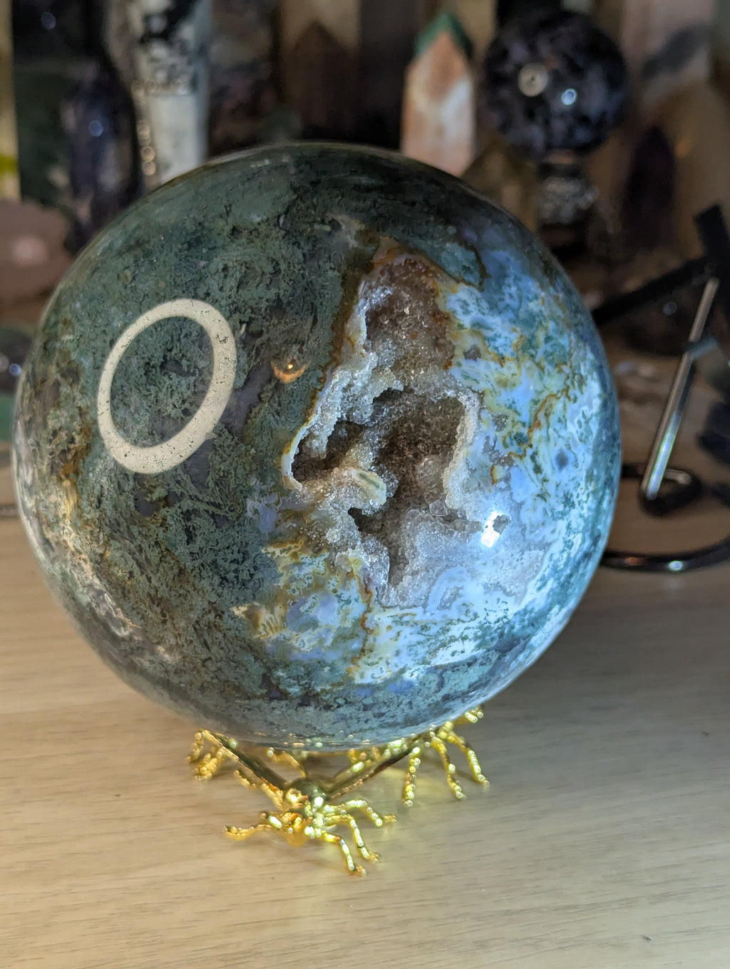 New 50% off on check out XL Moss Agate crystal sphere with stand over 13cm