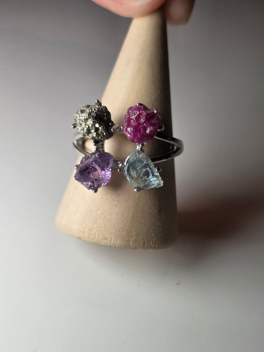 Crystal Specimen adjustable ring pyrite amethyst ruby aquamarine