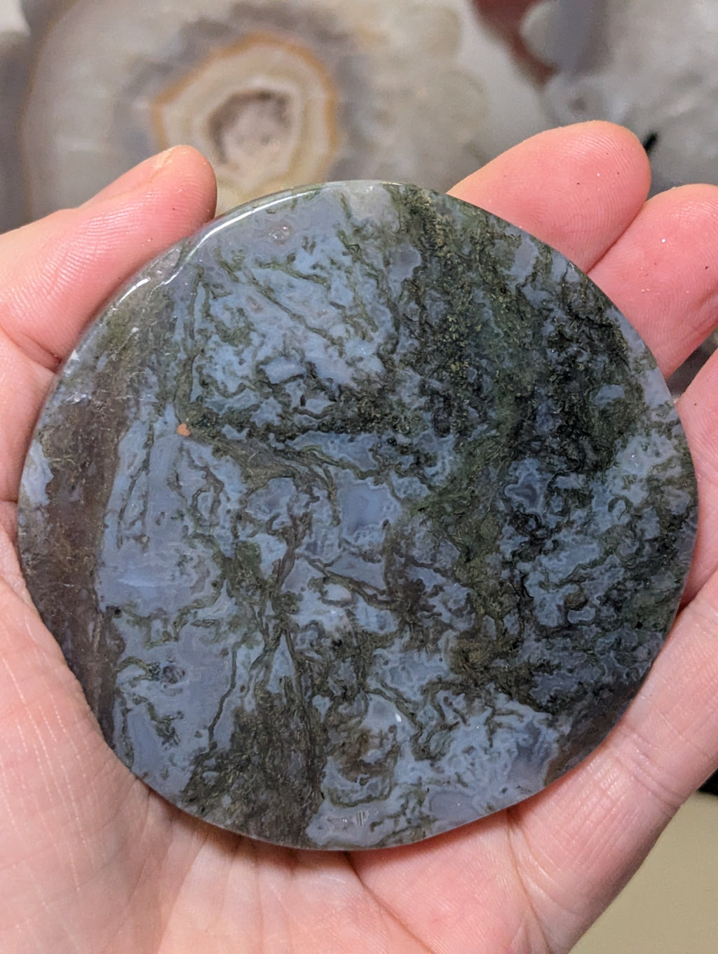 Blue moss agate crystal slice