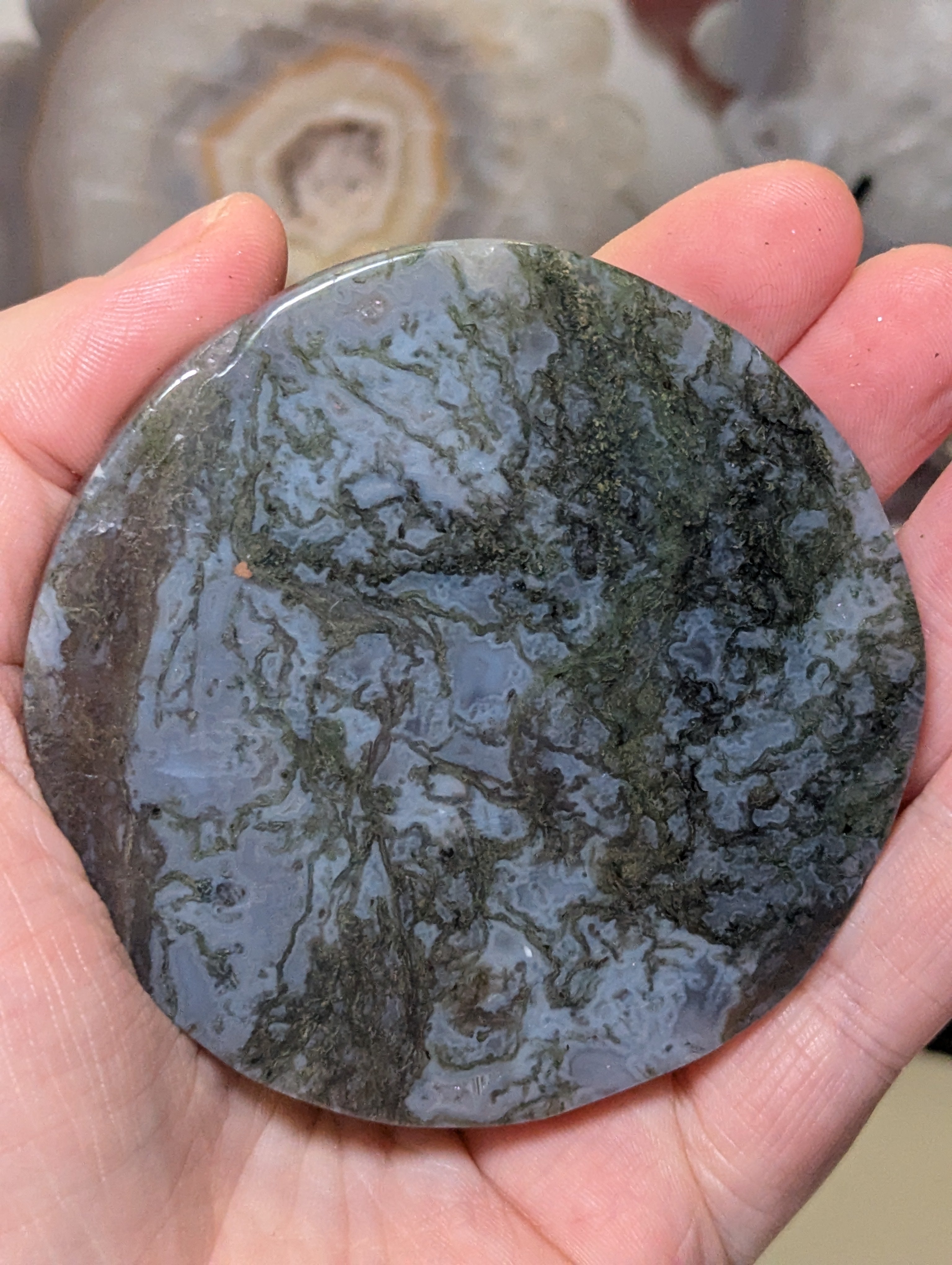 Blue moss agate crystal slice