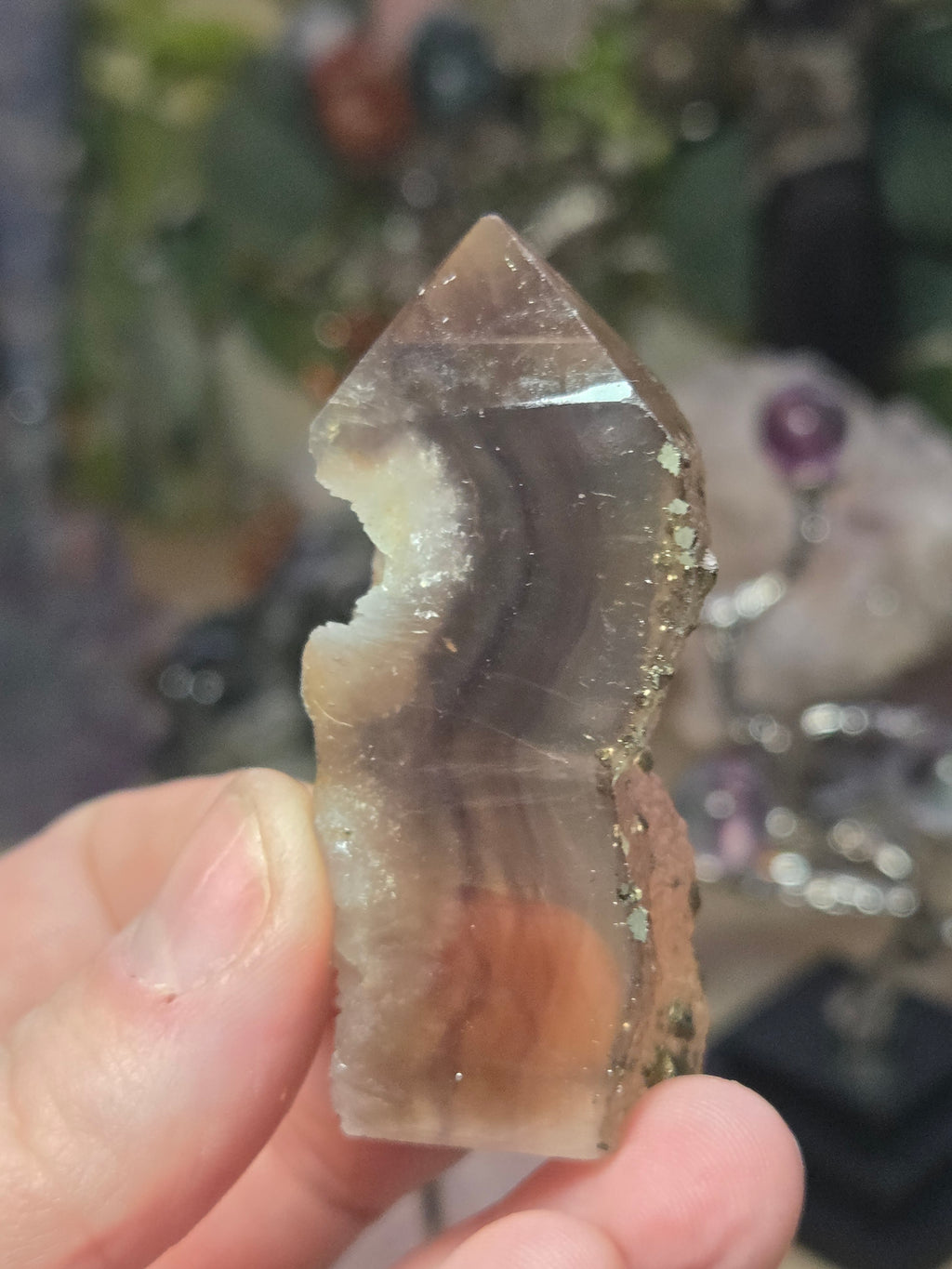 Raw Flourite crystal tower with pyrite