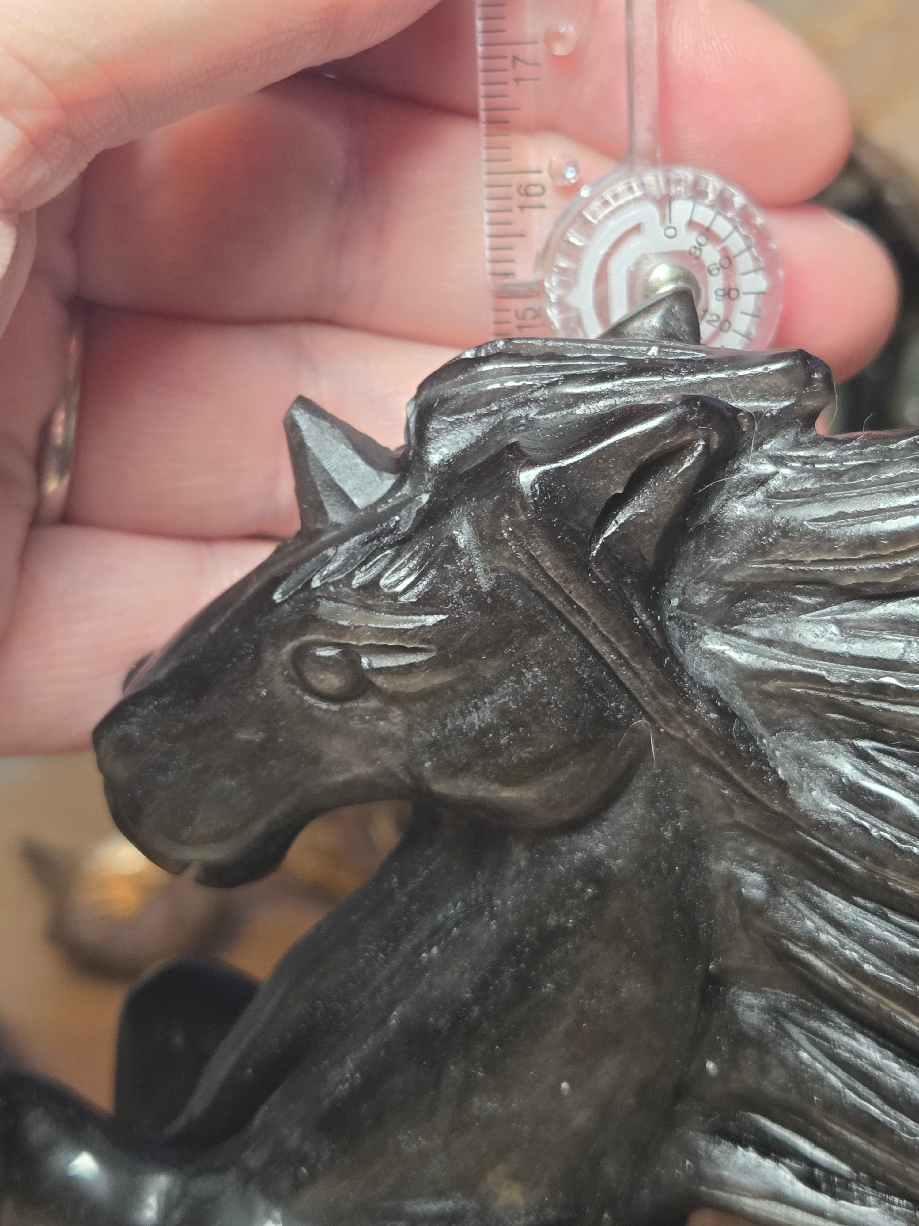 Silver sheen obsidian crystal horse carving
