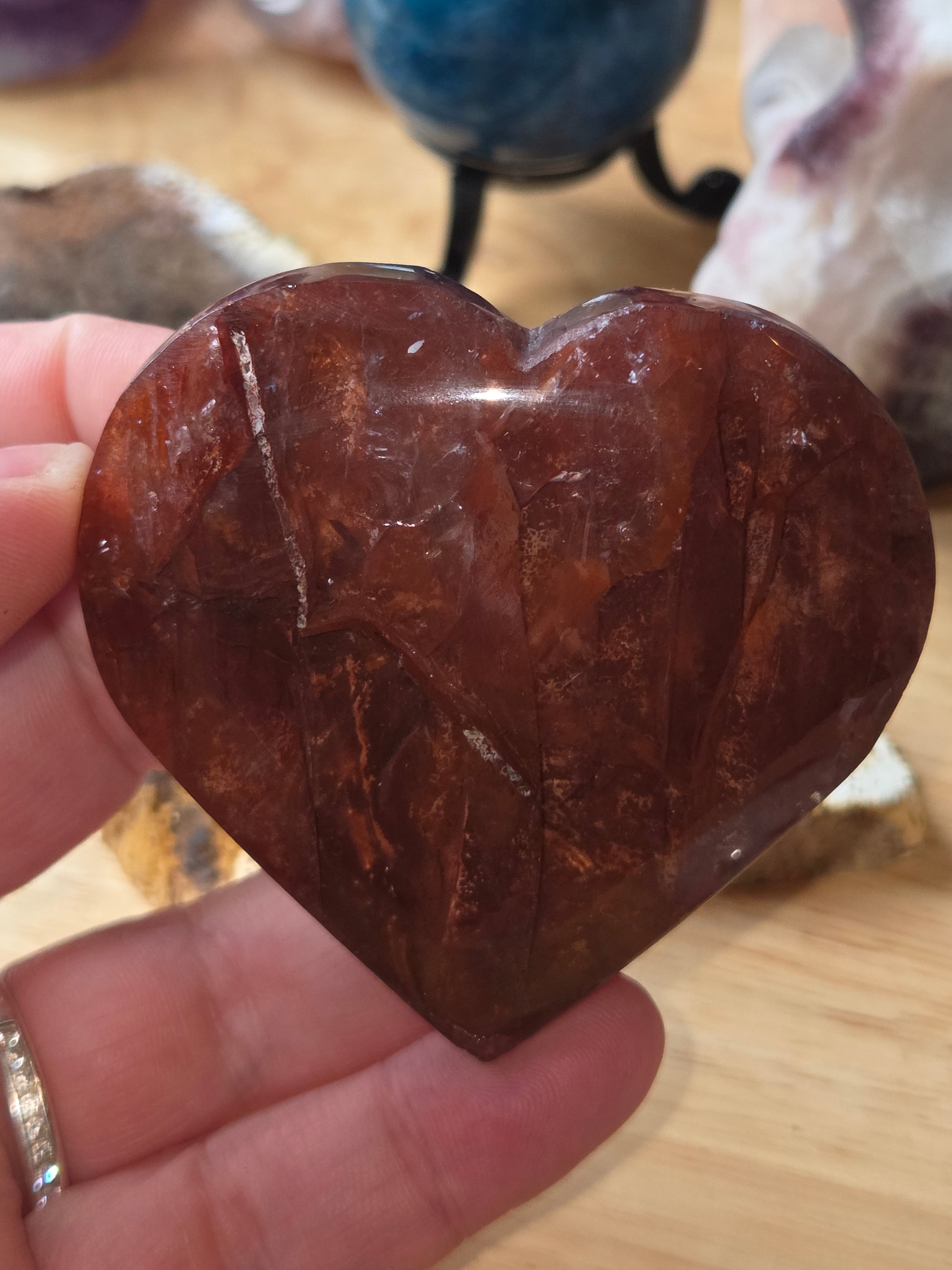 Fire quartz crystal heart carving with stand