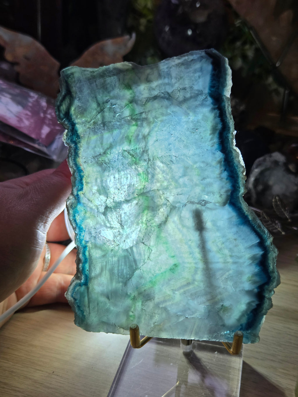 Blue flourite crystal slice with stand red UV reactive and sugar duzy