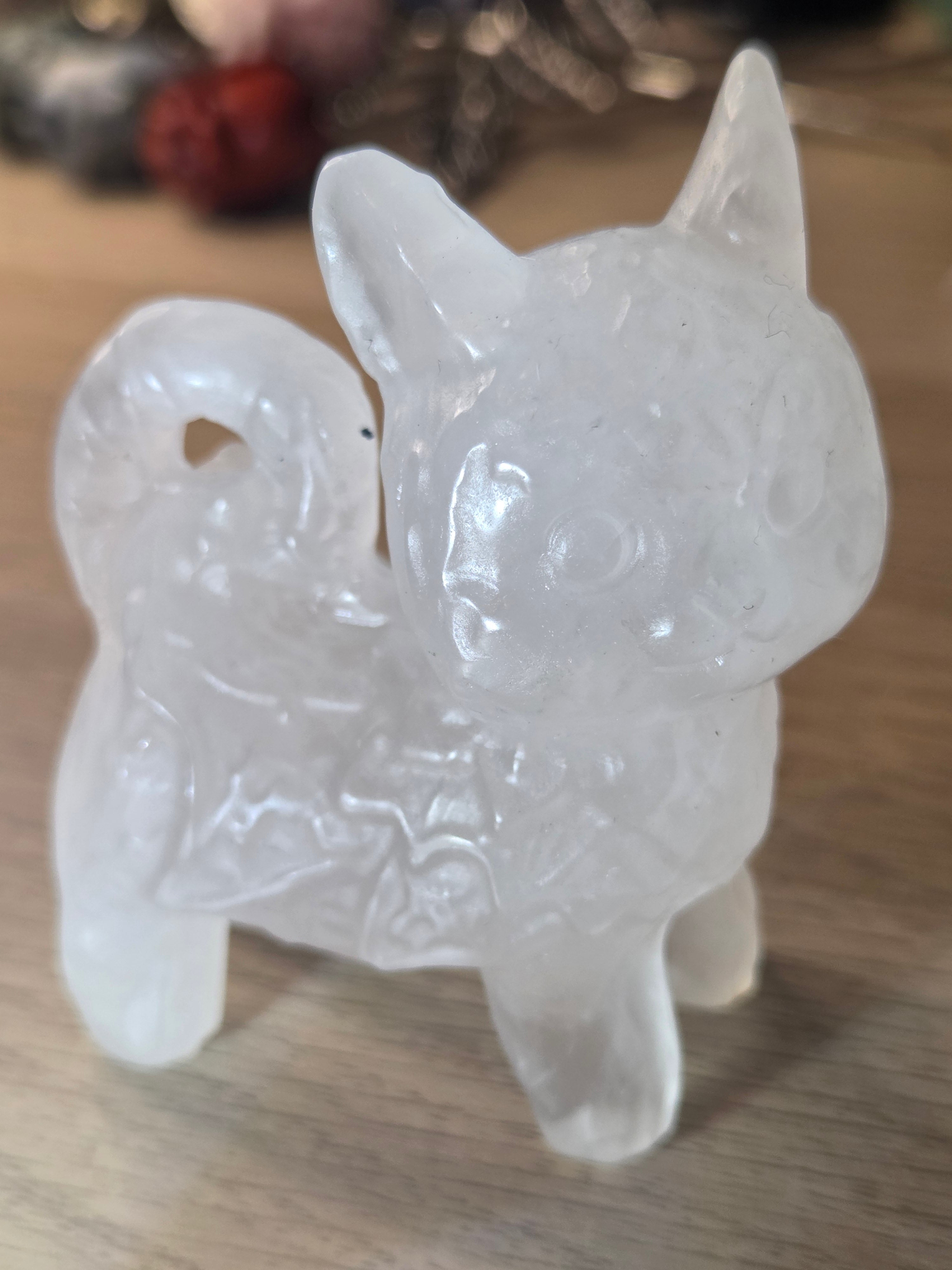 Clear quartz crystal cat carving
