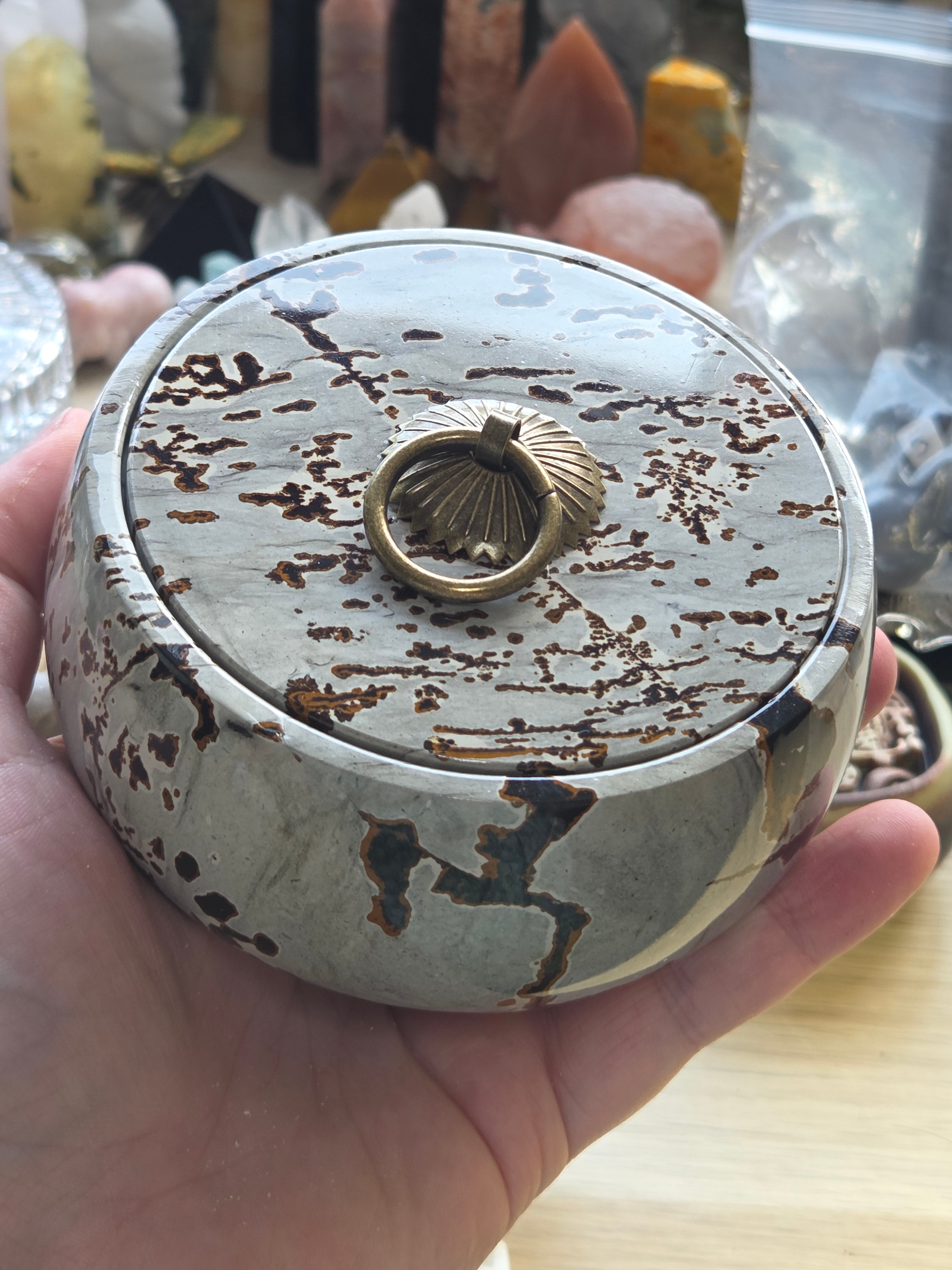 Picture Jasper crystal trinket dish with lid