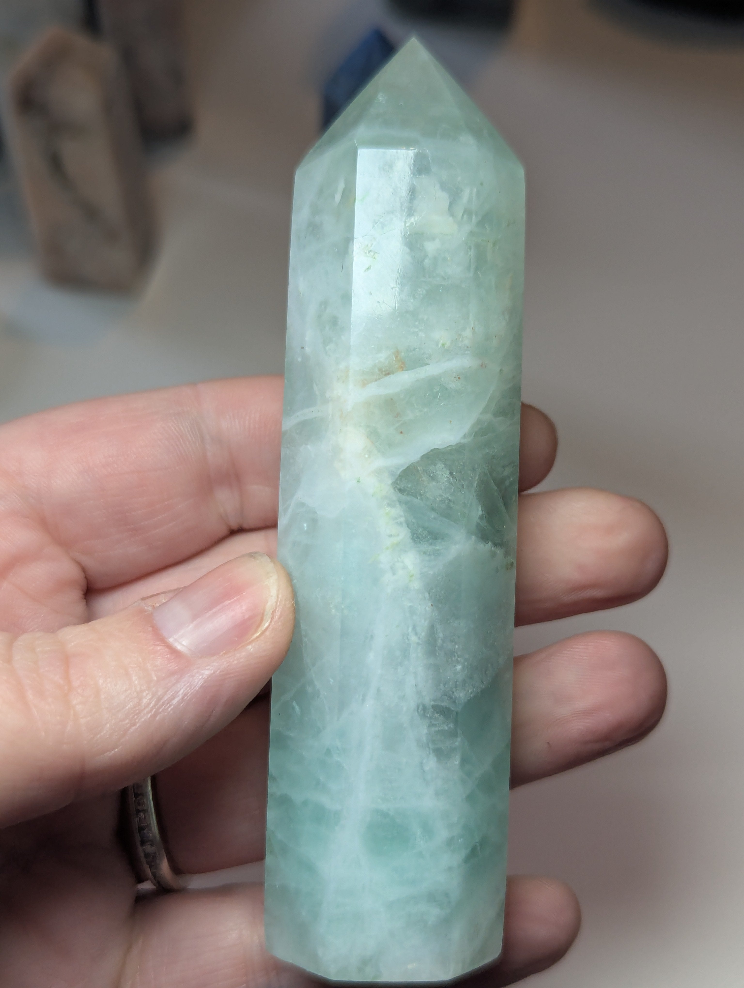 Green Flourite crystal tower carving