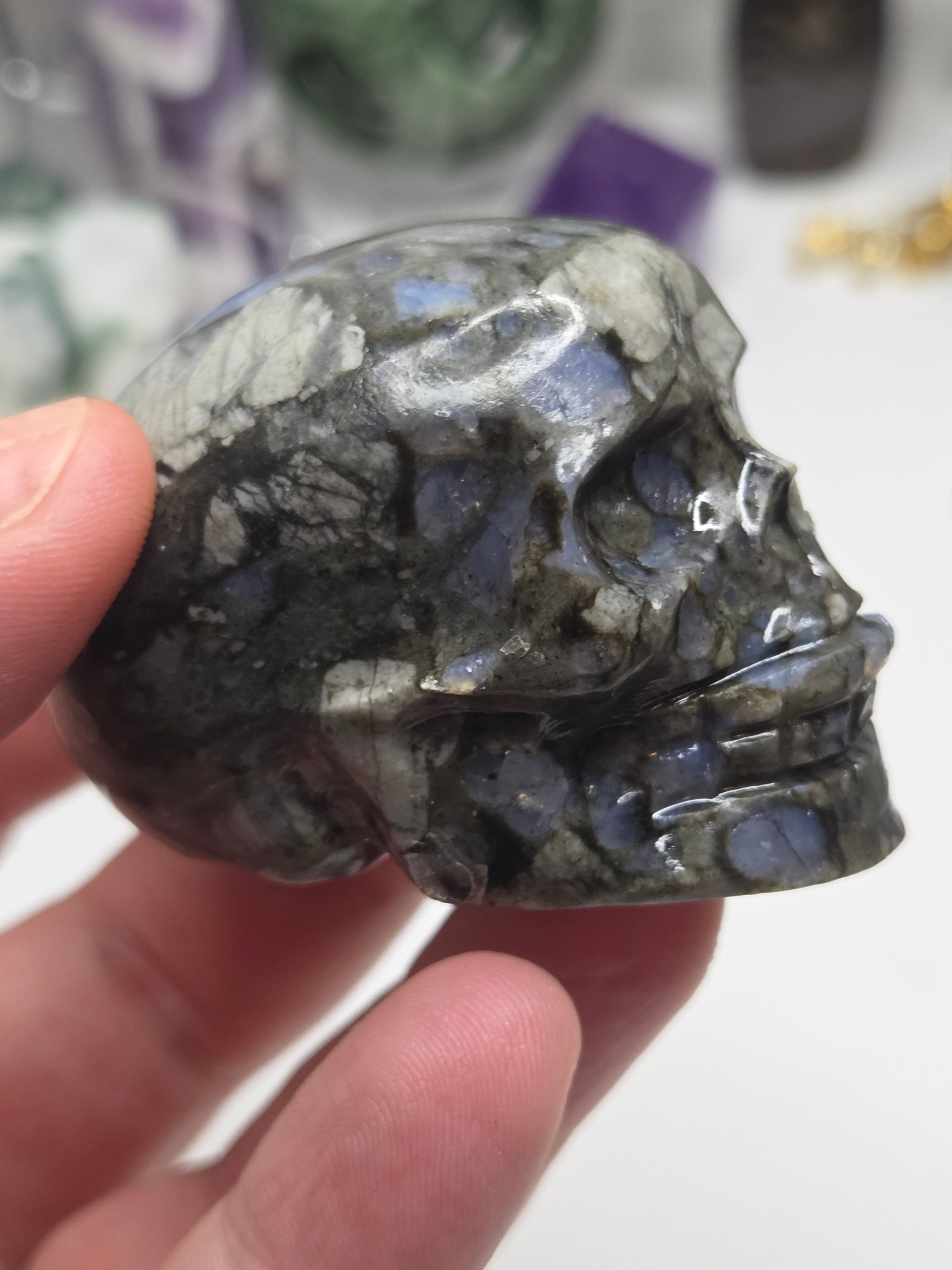 Blue spot crystal skull carving