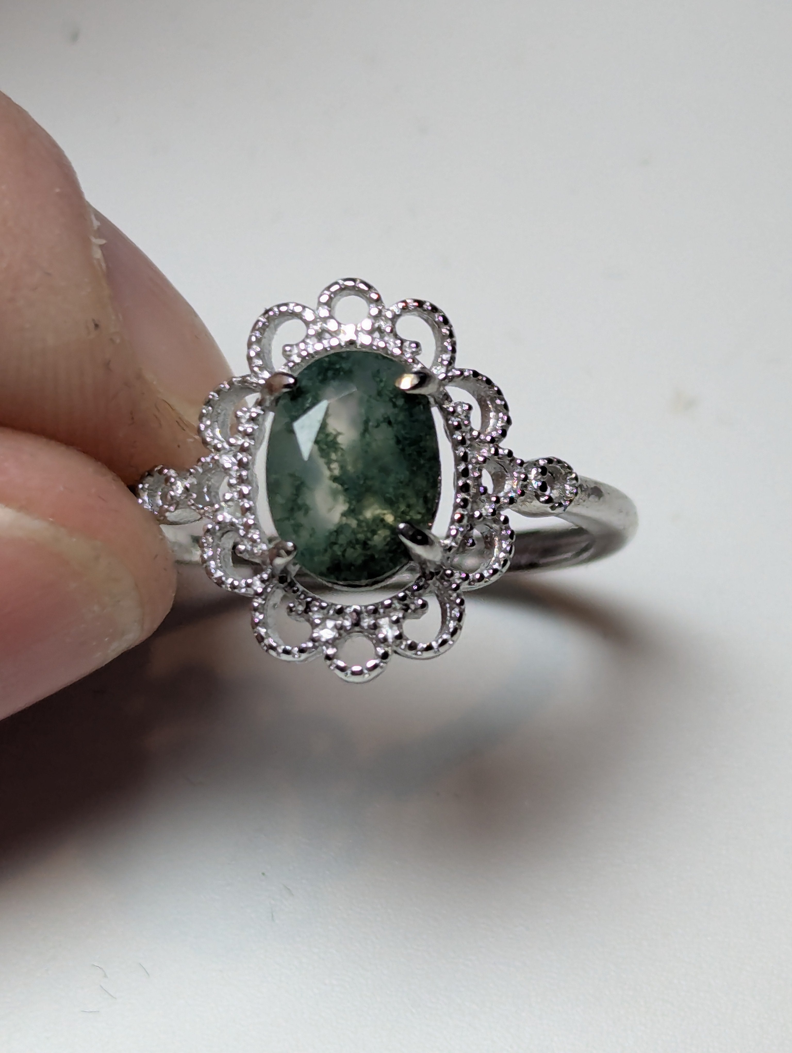 Moss Agate crystal Adjustable ring stainless steel