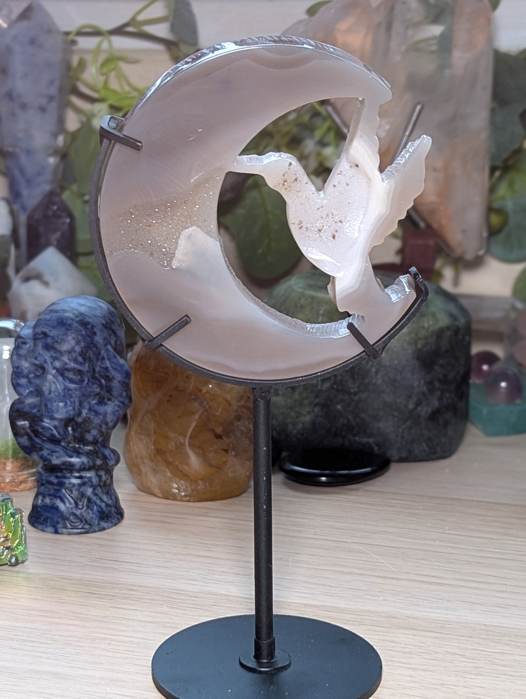 Sparkly Duzy Agate crystal bird with moon and stand