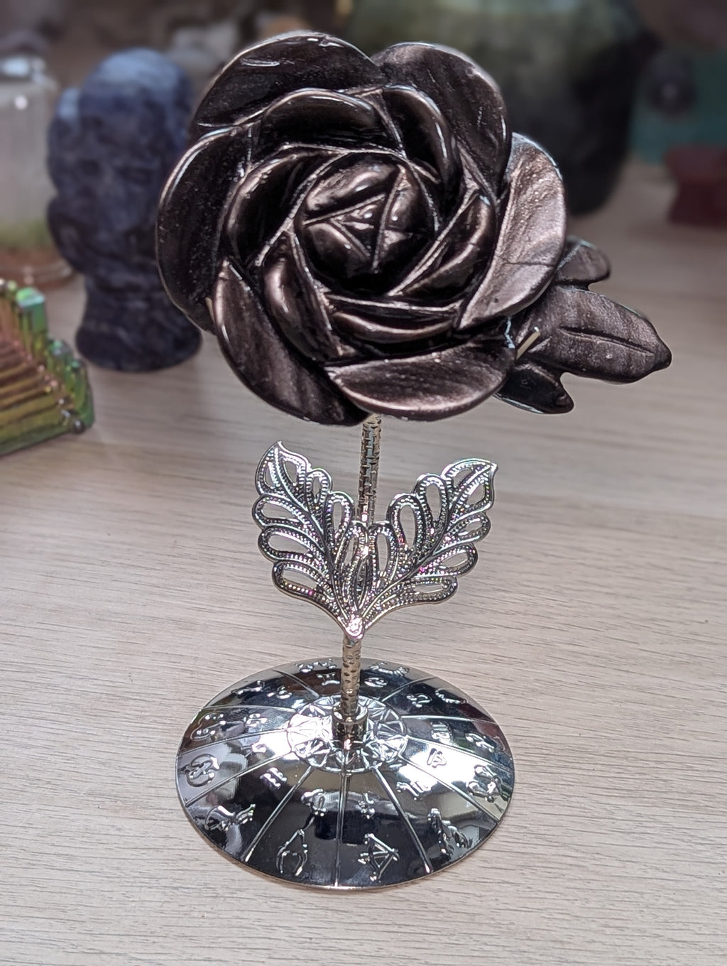 Silver sheen obsidian crystal rose carving with stand