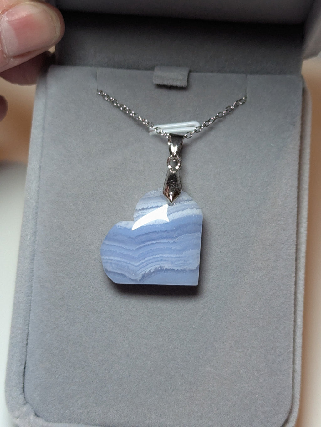 Blue lace Crystal heart carving handmade necklace