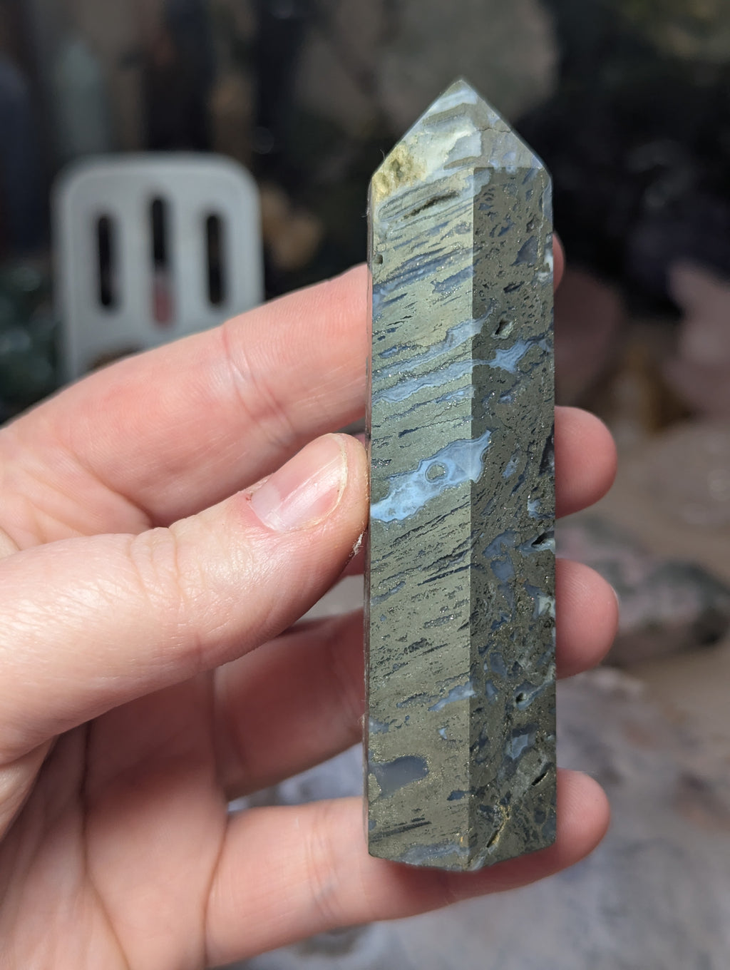Pyrite crystal tower with agate and has opened natural caves