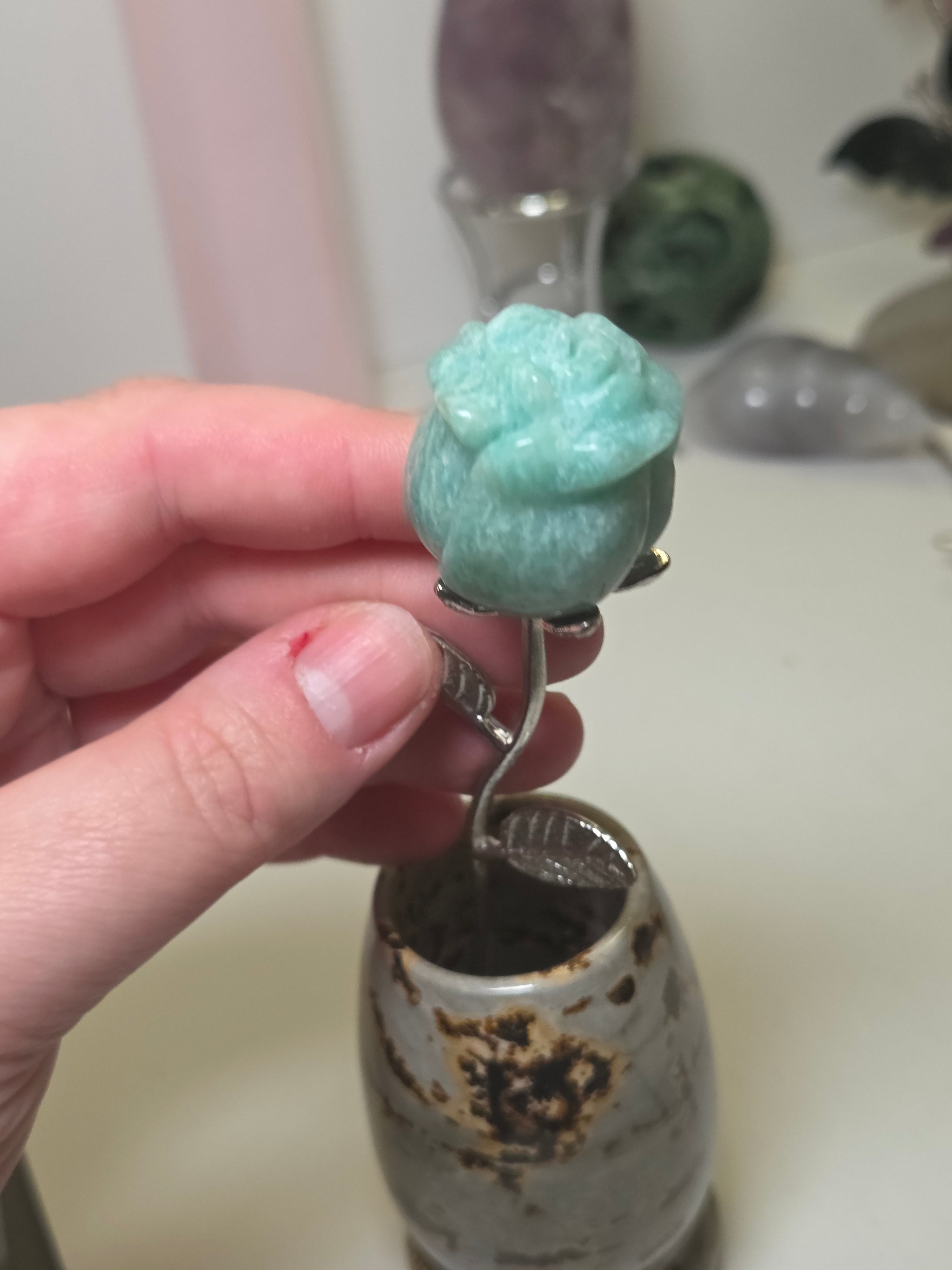 Amazonite crystal rose carving on a stem