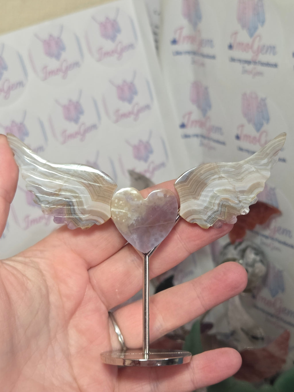 Crazy agate crystal amethyst heart with wings