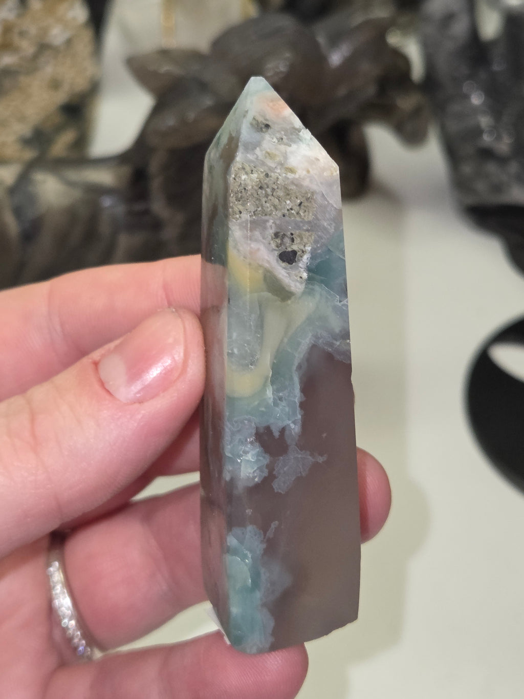 Beautiful blue flower agate crystal tower