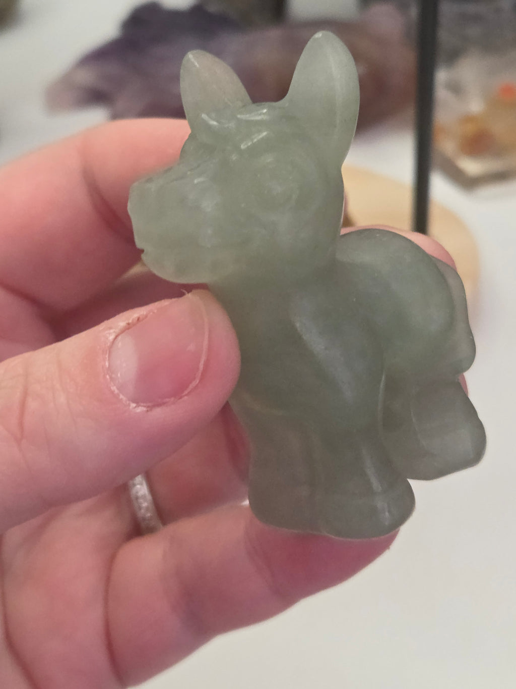 Green Strawberry quartz crystal Donkey carving