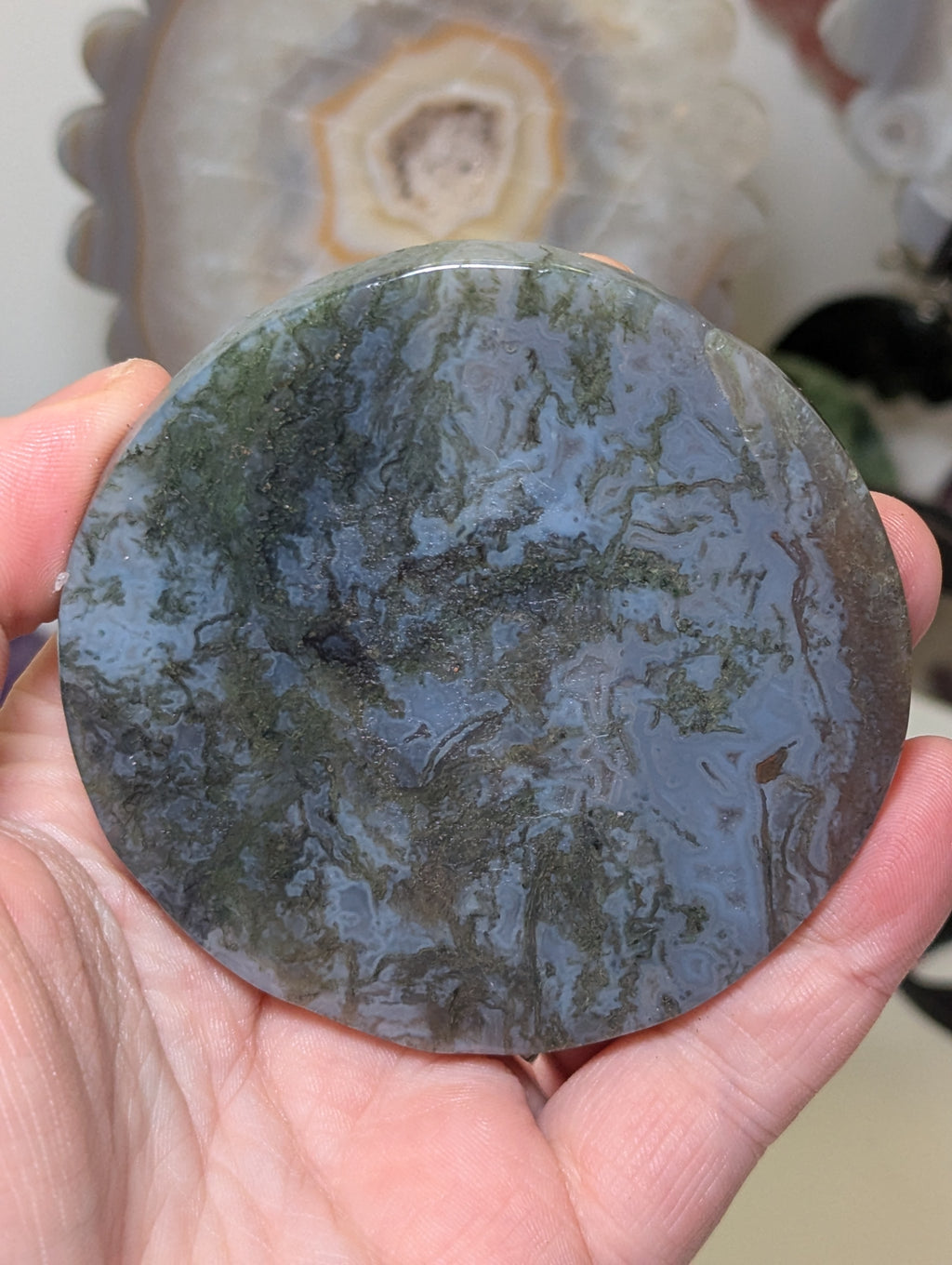 Blue moss agate crystal slice