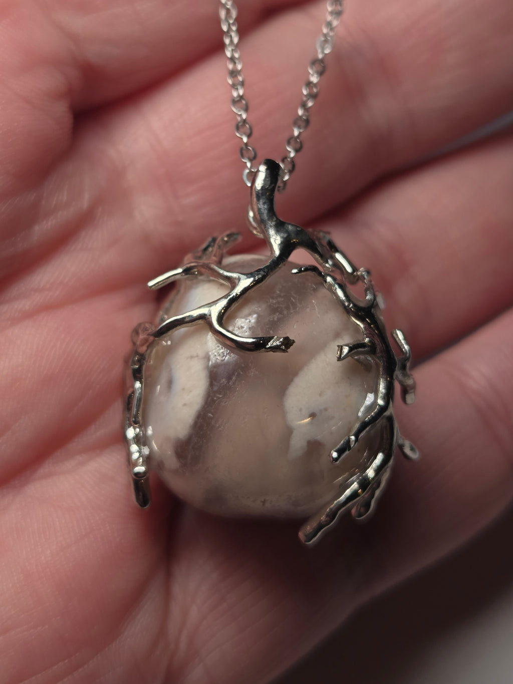 Pink flower agate crystal necklace