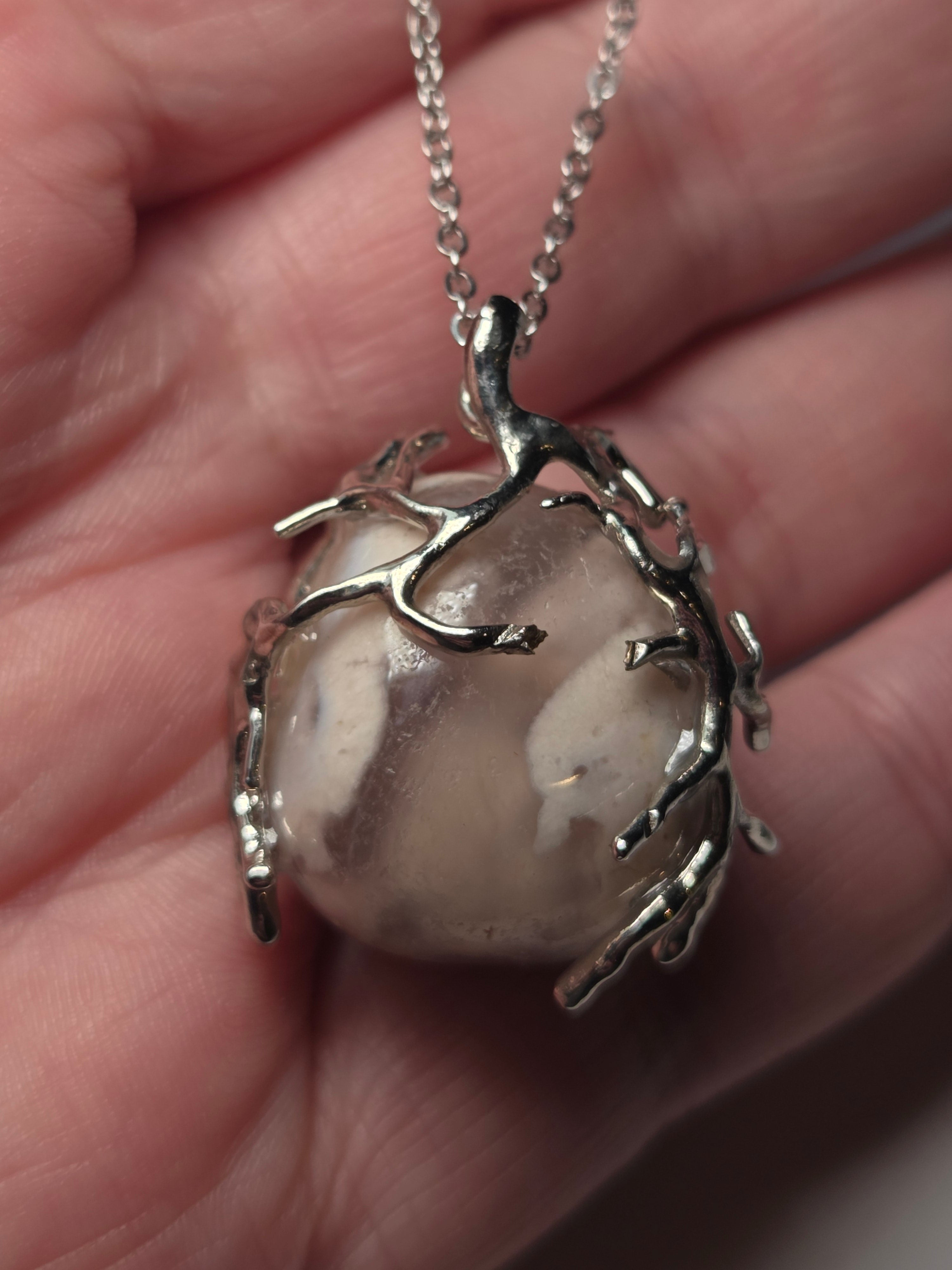 Pink flower agate crystal necklace