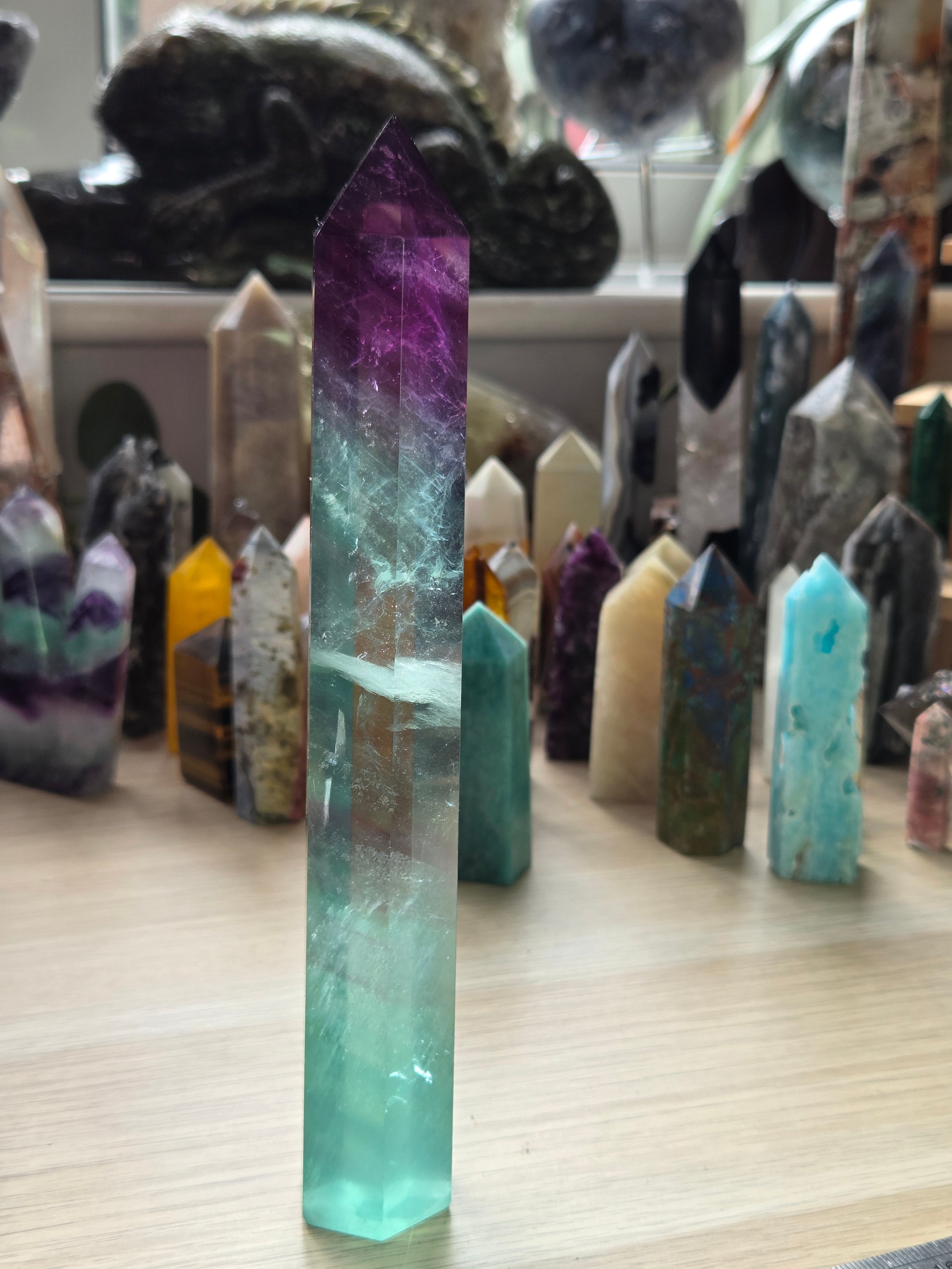 Beautiful large Flourite crystal tower carving