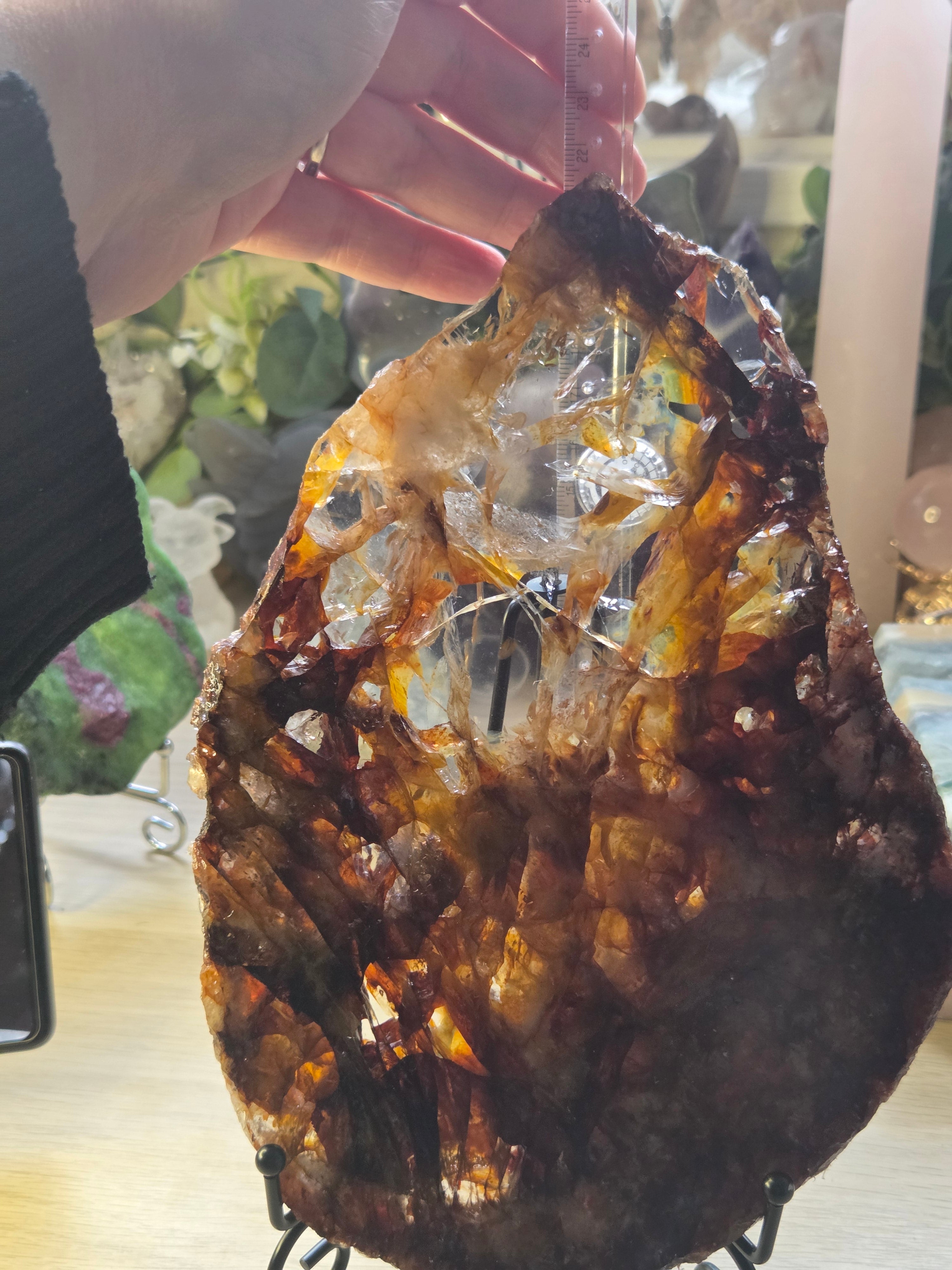 XL Grade A A fire quartz crystal slice with stand
