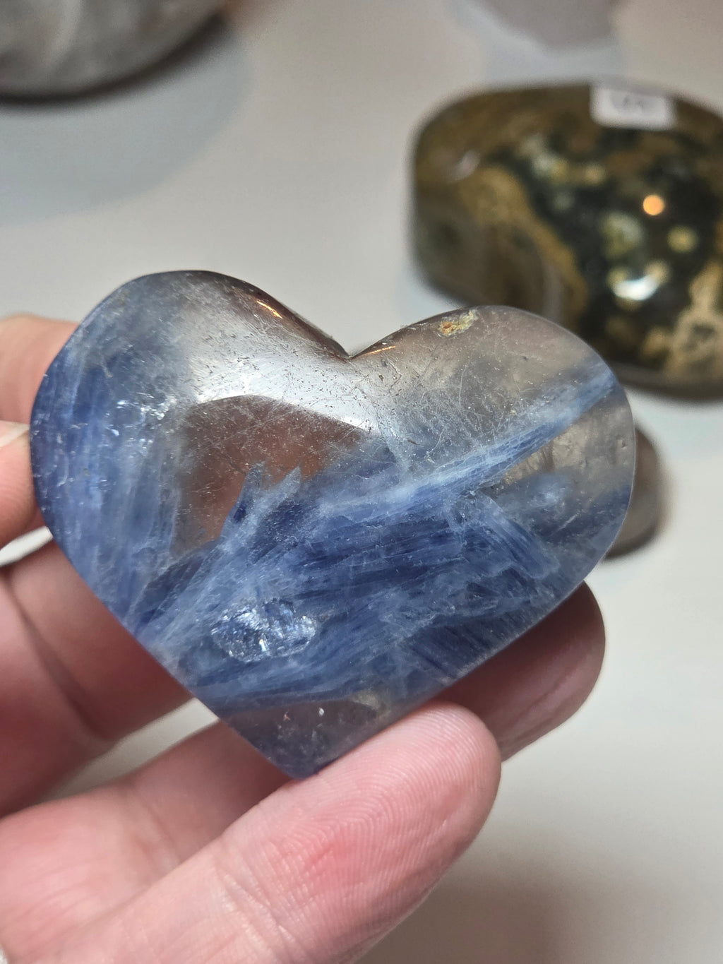 Blue kyanite crystal heart with smokey quartz