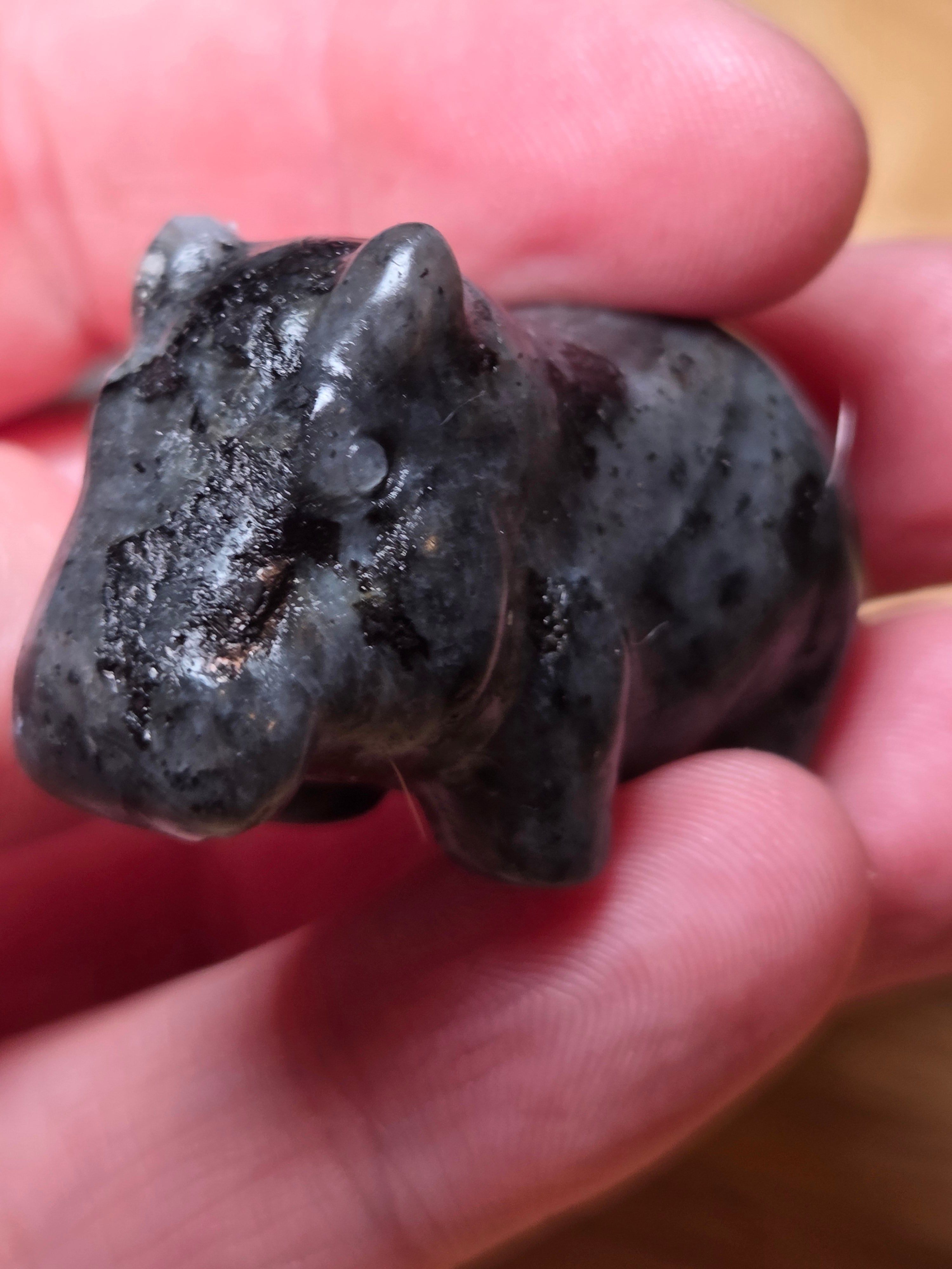 Larvakite small Hippo crystal carving