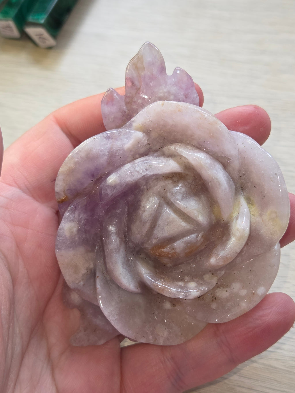 Amethyst Flower agate crystal rose carving with stand