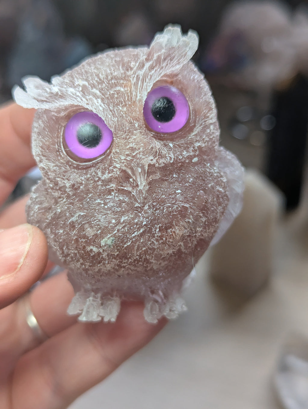 Strawberry quartz in resin crystal owl carving