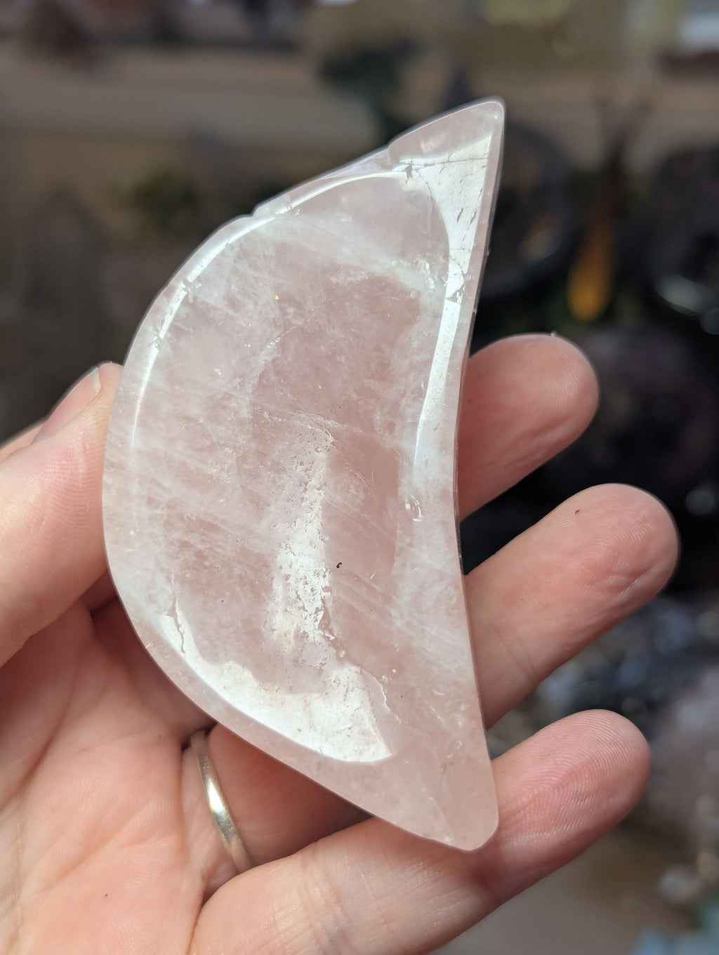 Rose quartz crystal dish with imperfections