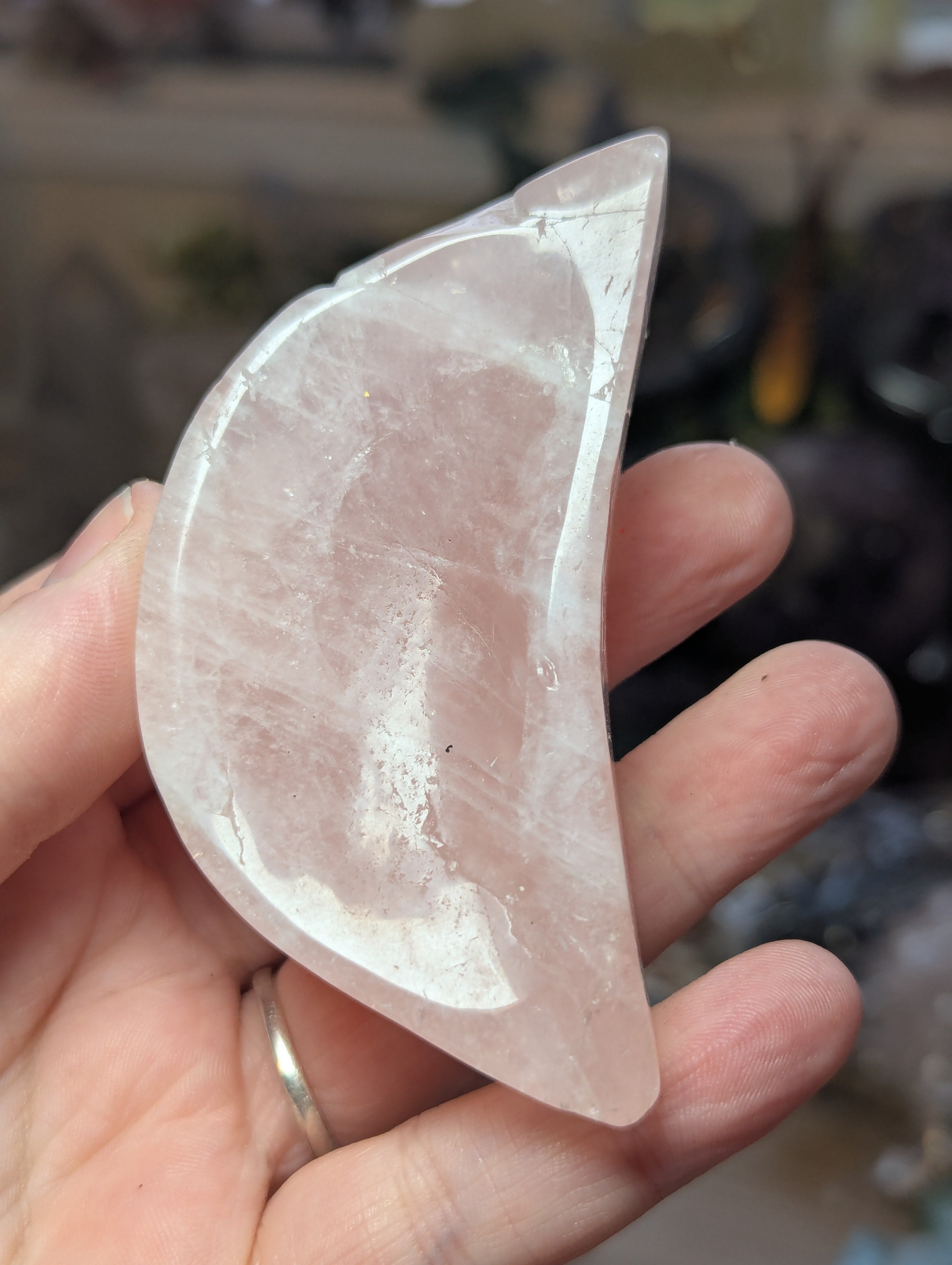 Rose quartz crystal dish with imperfections