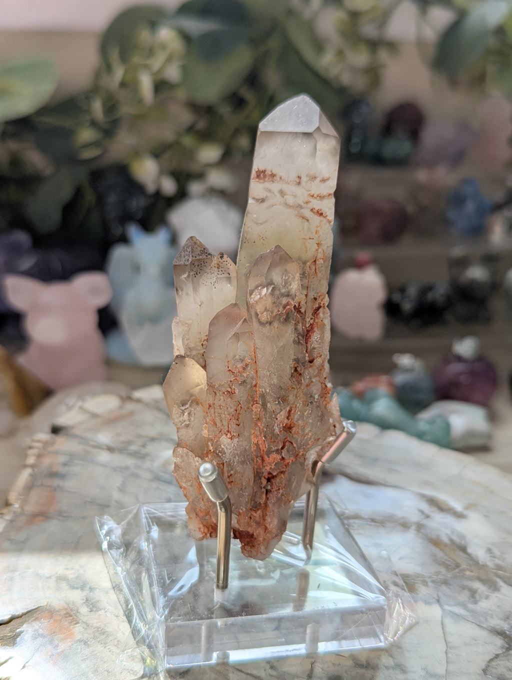 Amazing raw smokey Citrein crystal tower with stand