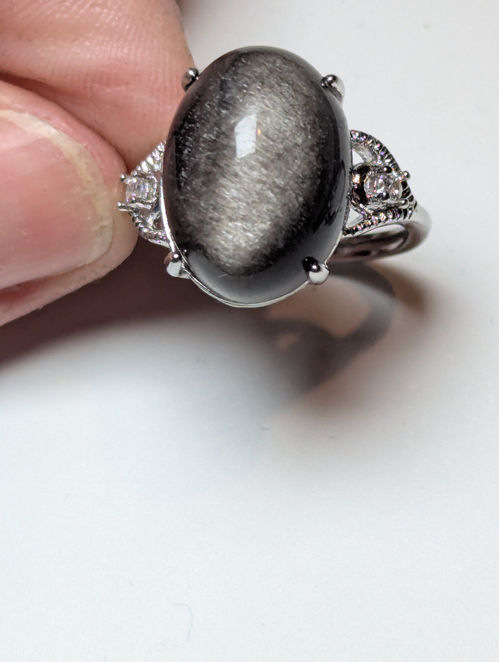 Silver sheen obsidian crystal ring