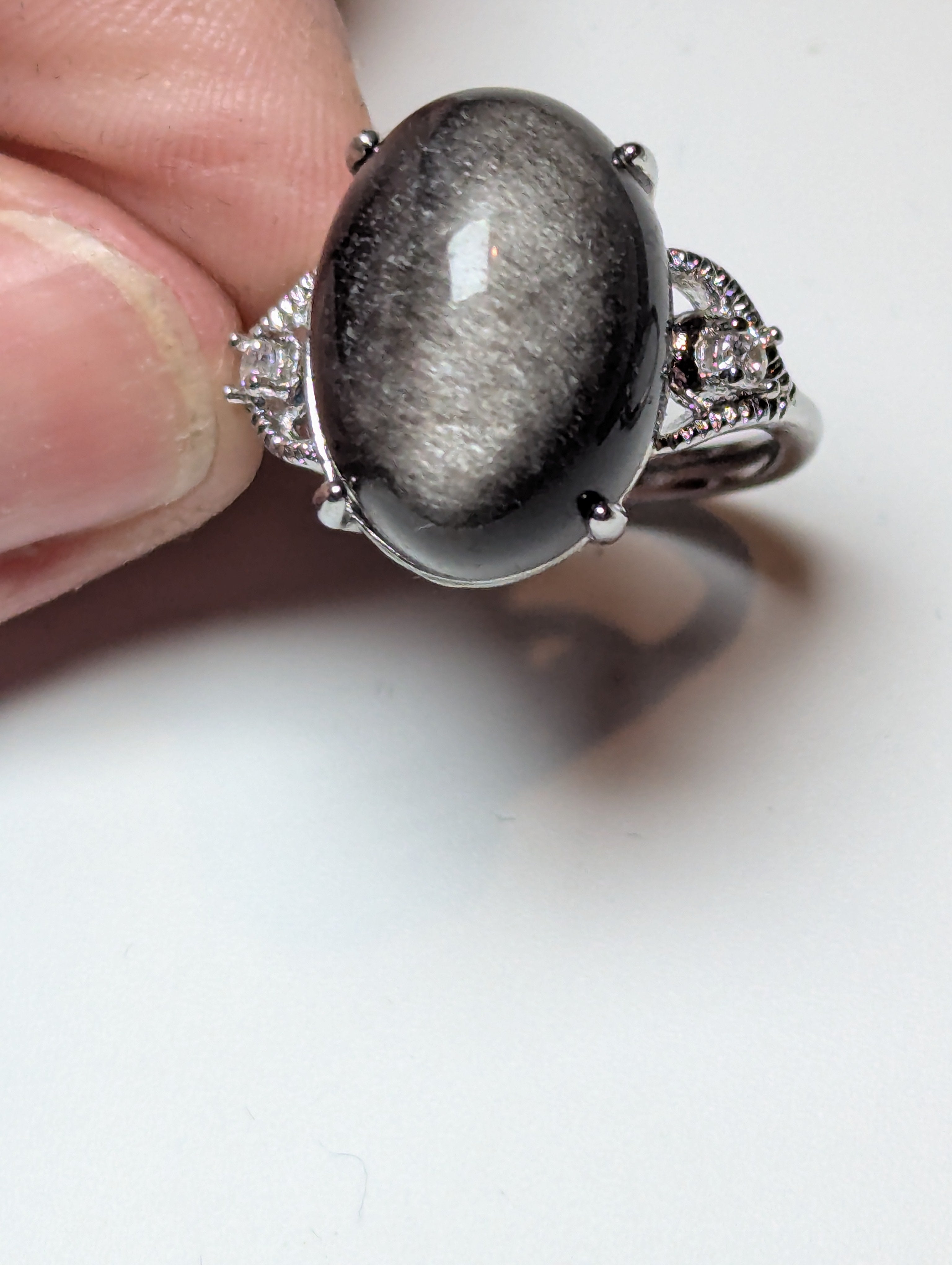 Silver sheen obsidian crystal ring