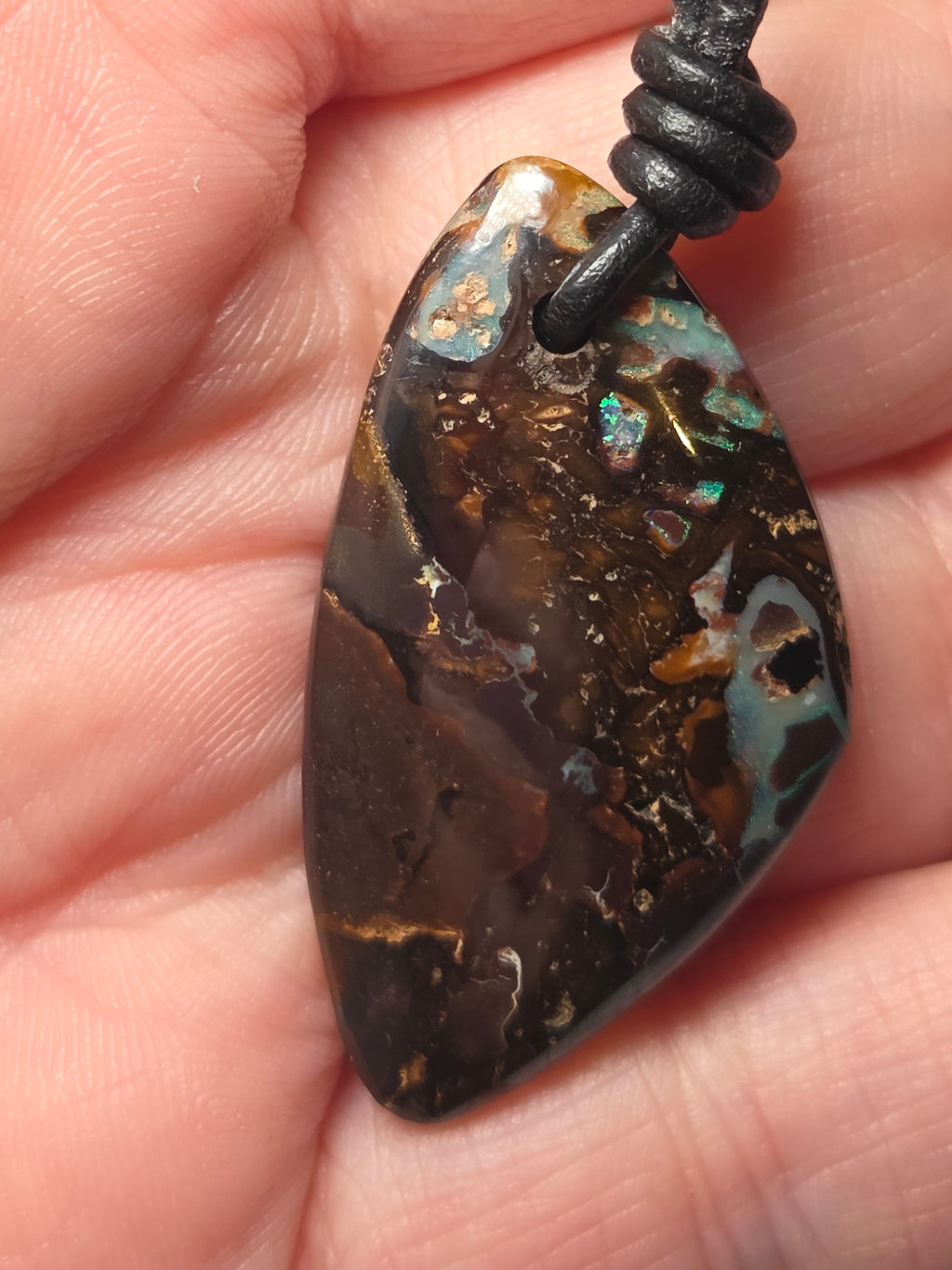 Amazing  bolder opal handmade cut and polished  with leather  chain