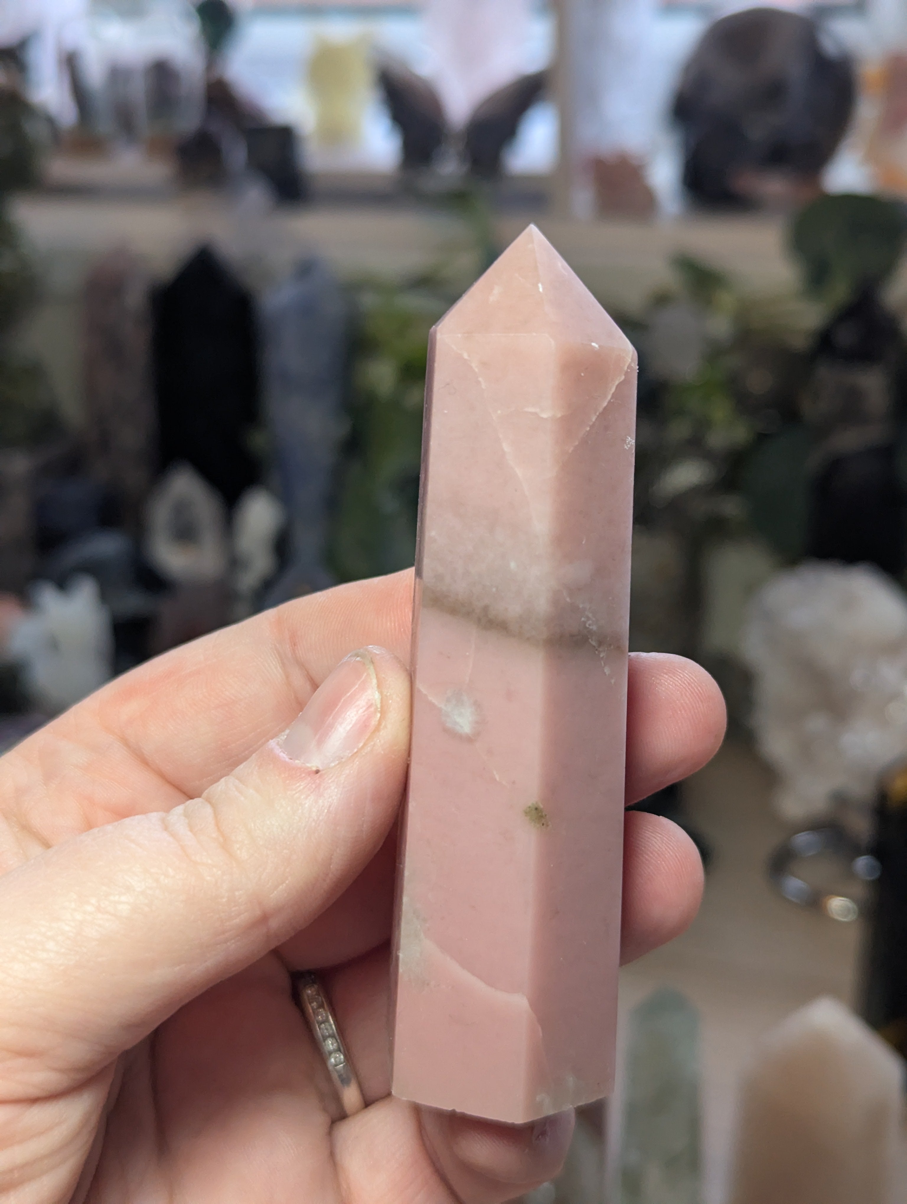 Pink opal crystal tower carving