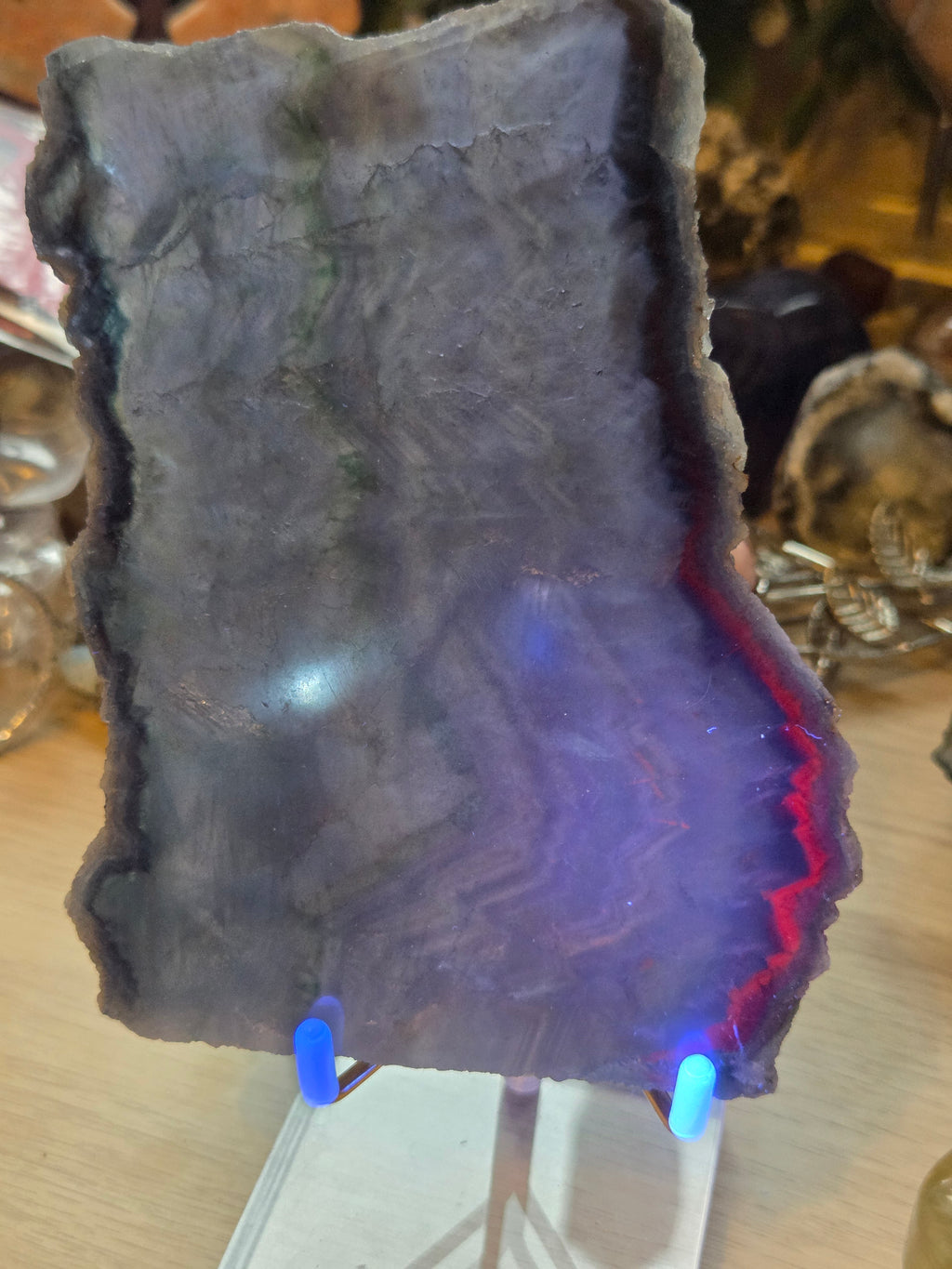 Blue flourite crystal slice with stand red UV reactive and sugar duzy