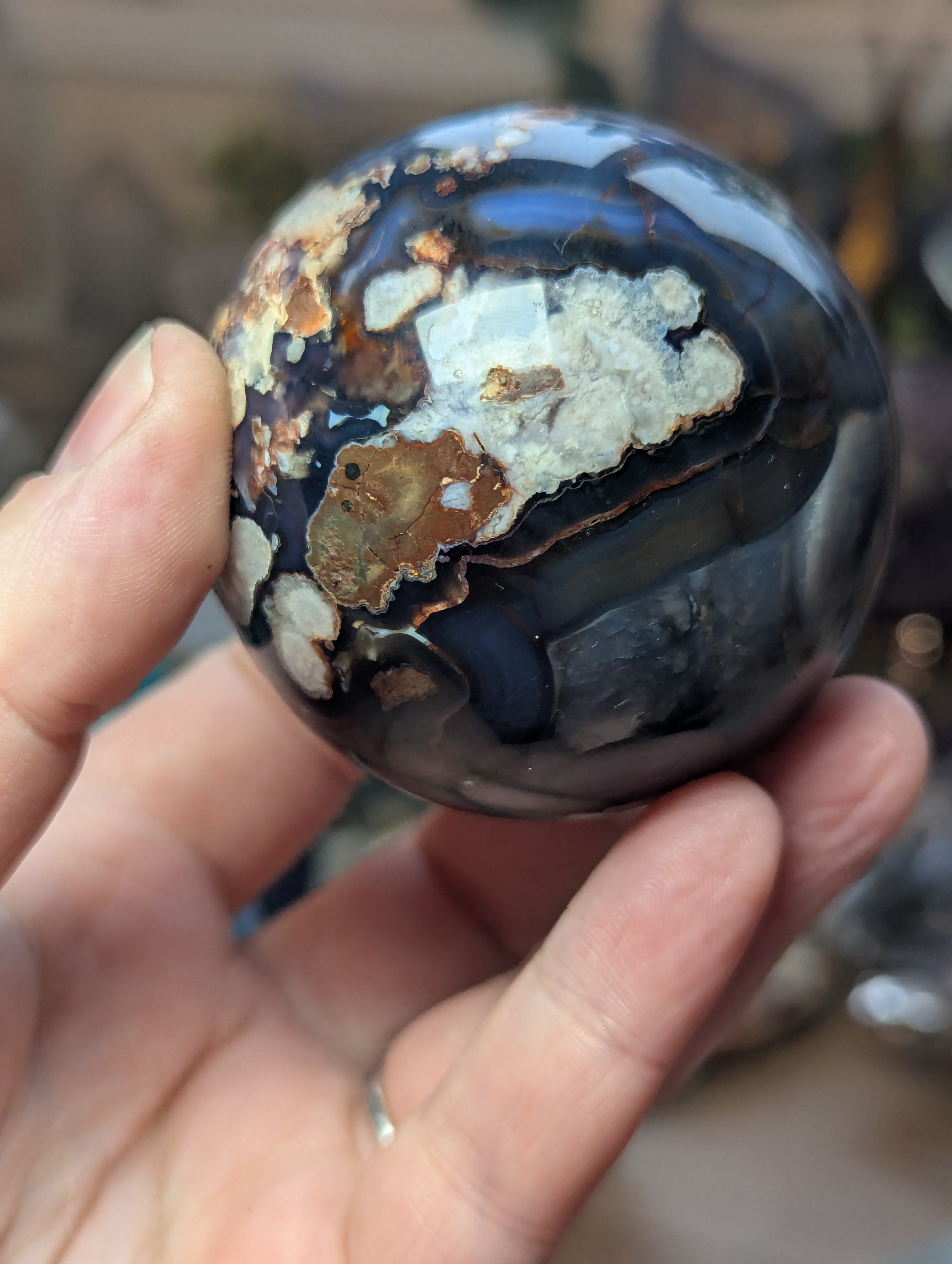 Blue  flower agate crystal sphere with stand