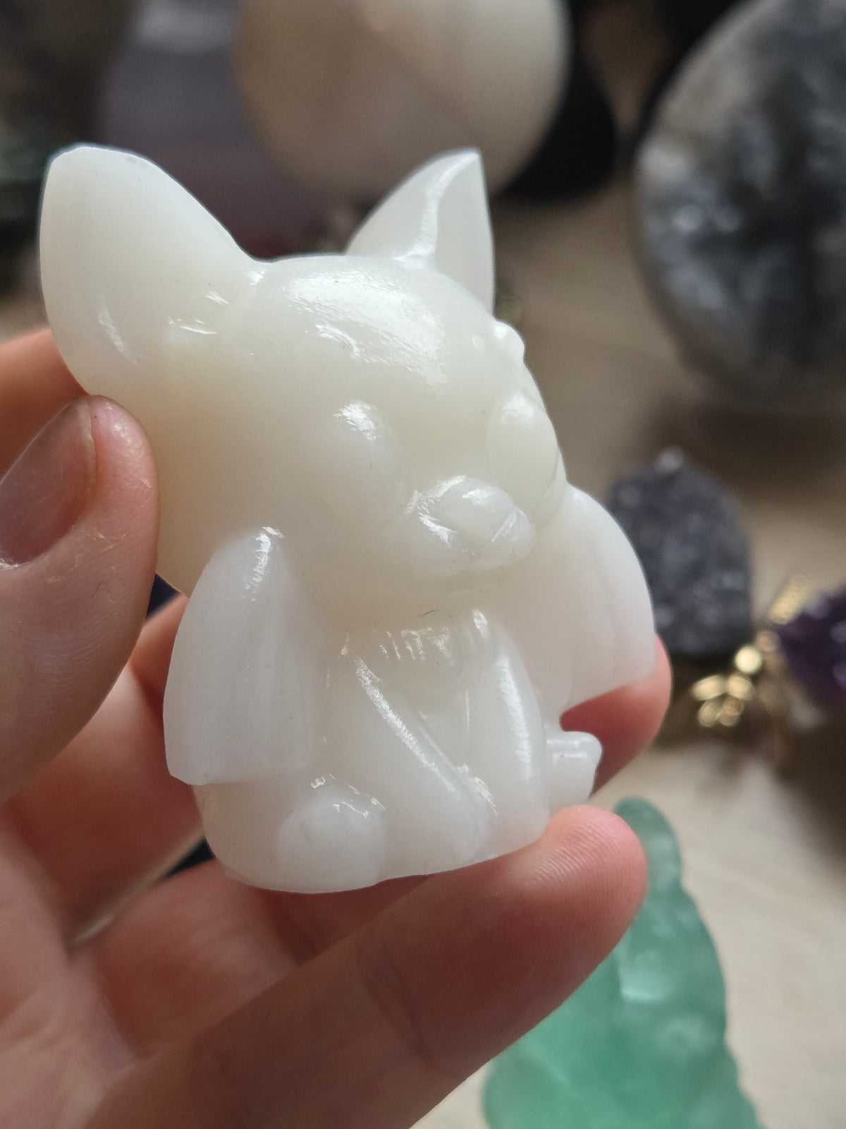 White jade crystal bat carving