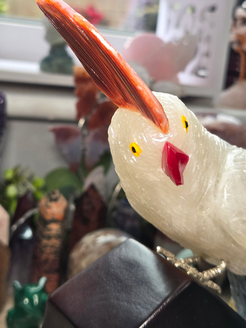 Amazing clear quartz crystal parrot with red agate and sodalite with custom stand