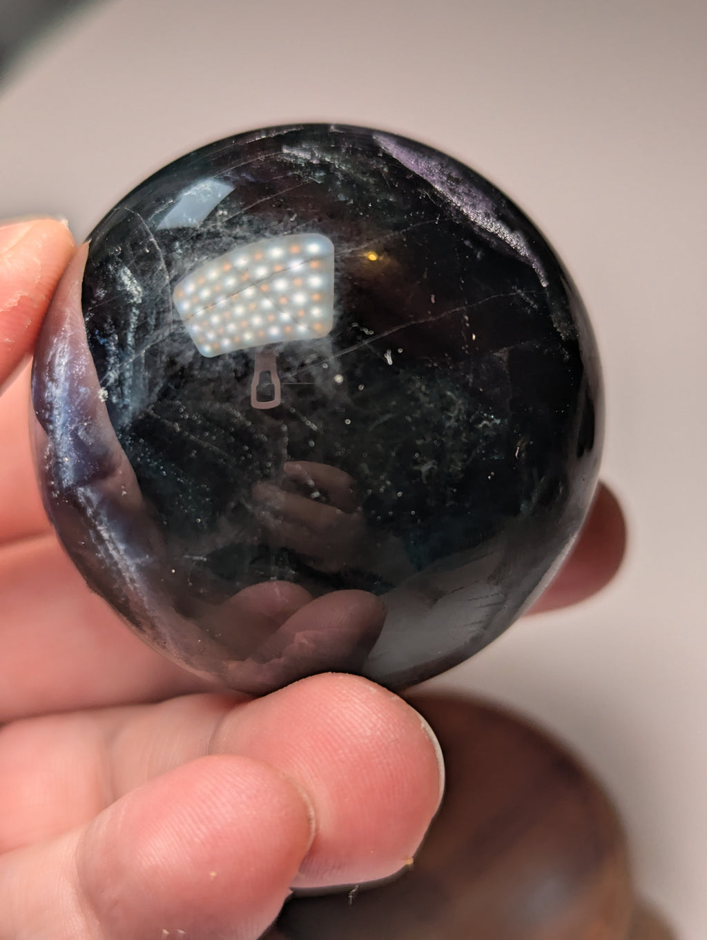 Black rose flourite crystal sphere with stand UV reactive