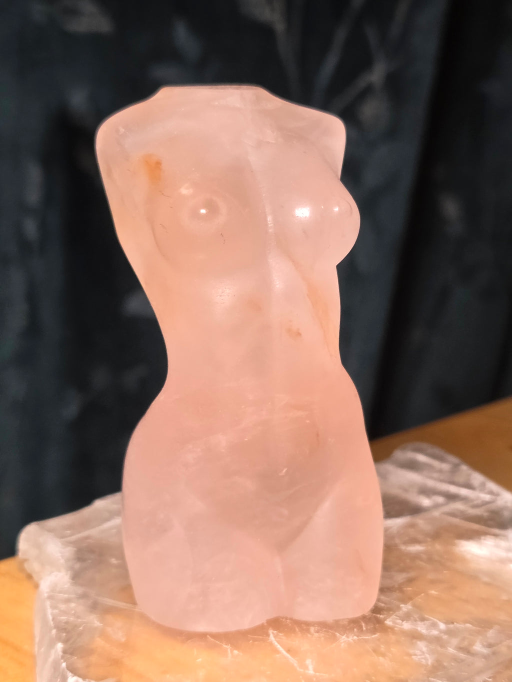 Rose quartz crystal female body carving with golden healer