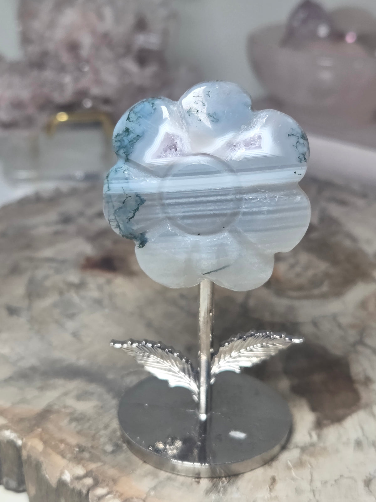 Moss agate with amethyst Druzy flower