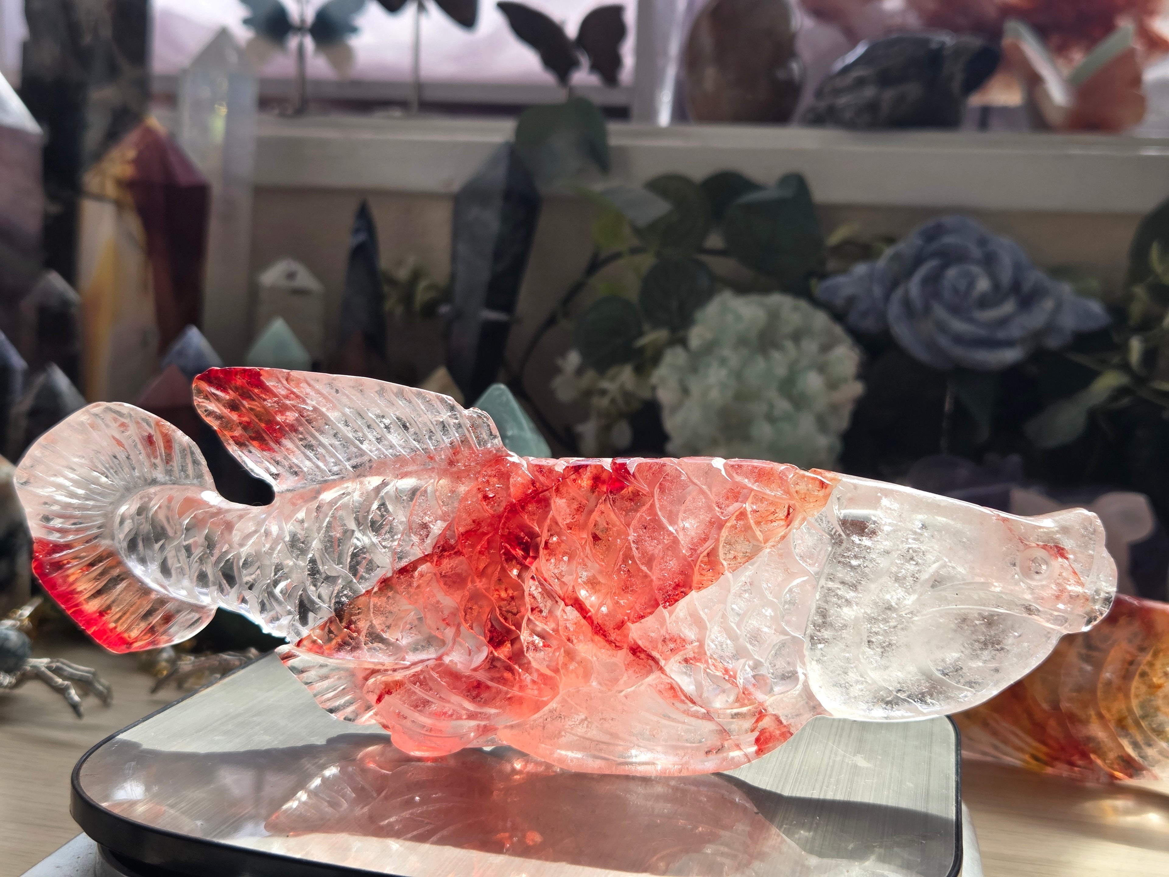 Madagascar fire quartz crystal fish carving