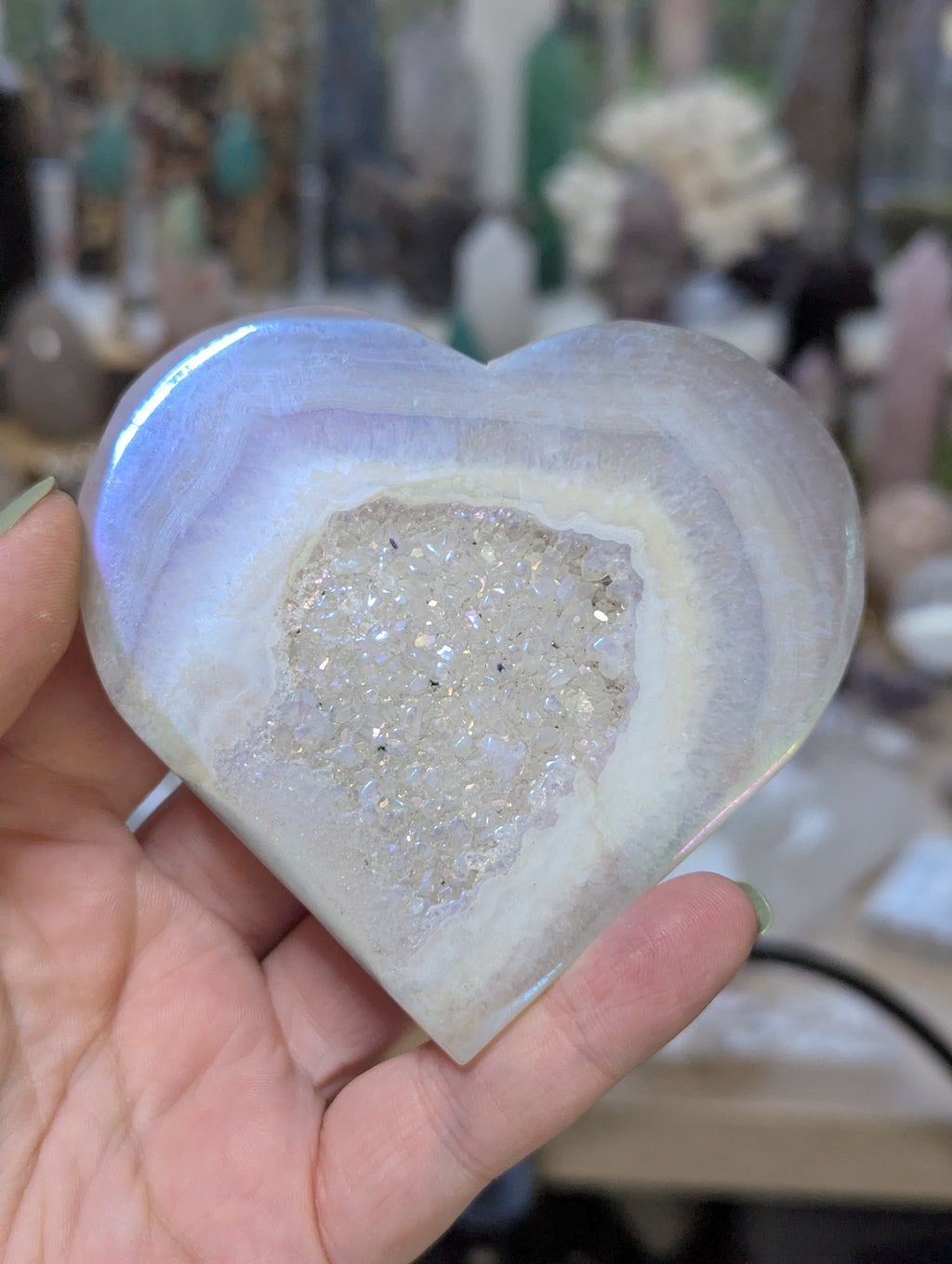 Aura agate crystal heart carving with Stand