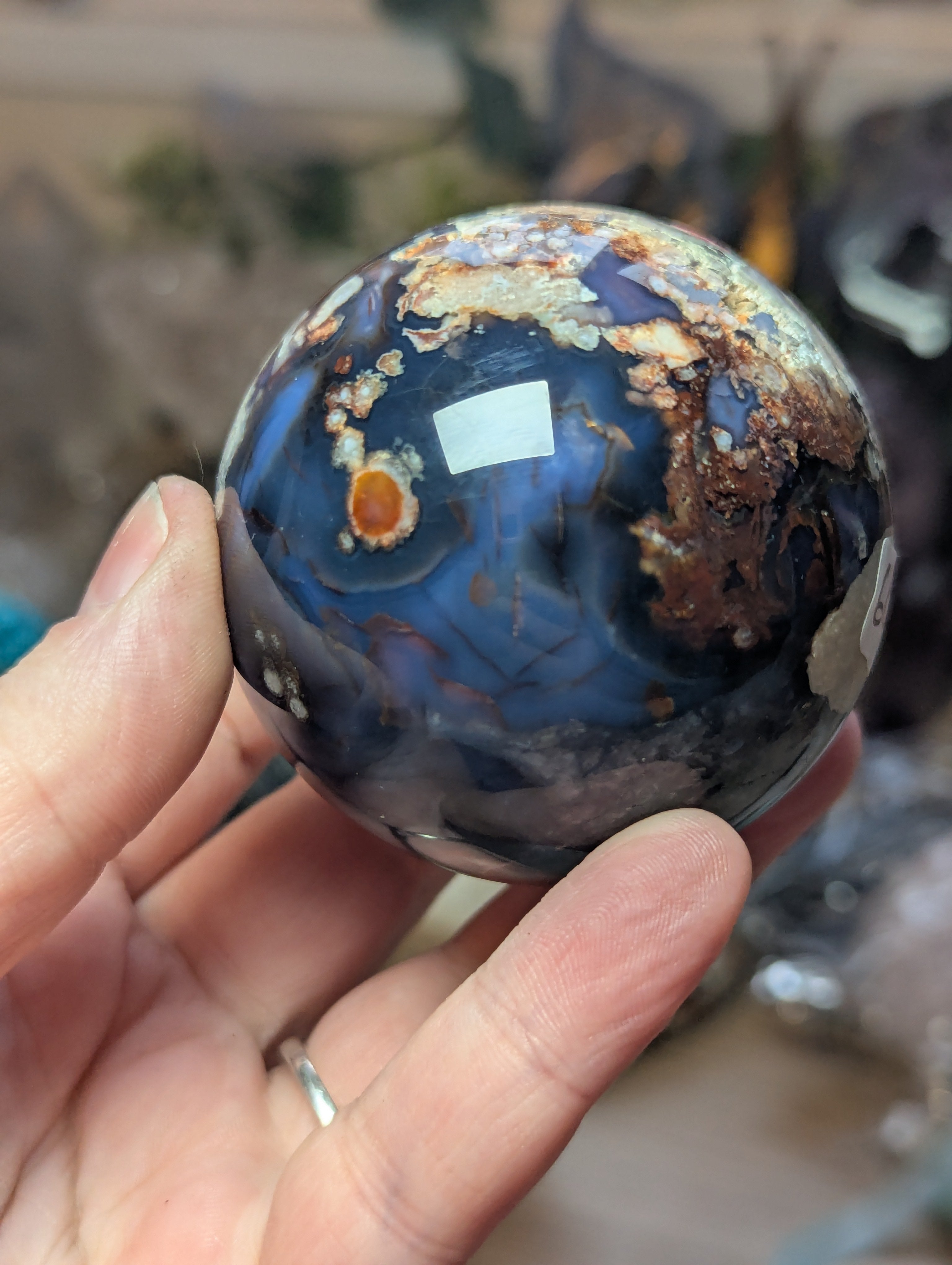 Blue  flower agate crystal sphere with stand